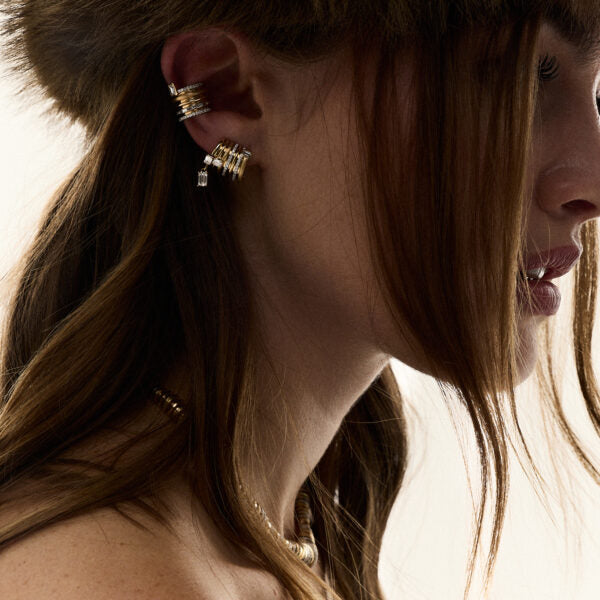 14k yellow and white gold diamond emreald cut diamond tourbillon earcuff by rainbow K Tiny Gods
