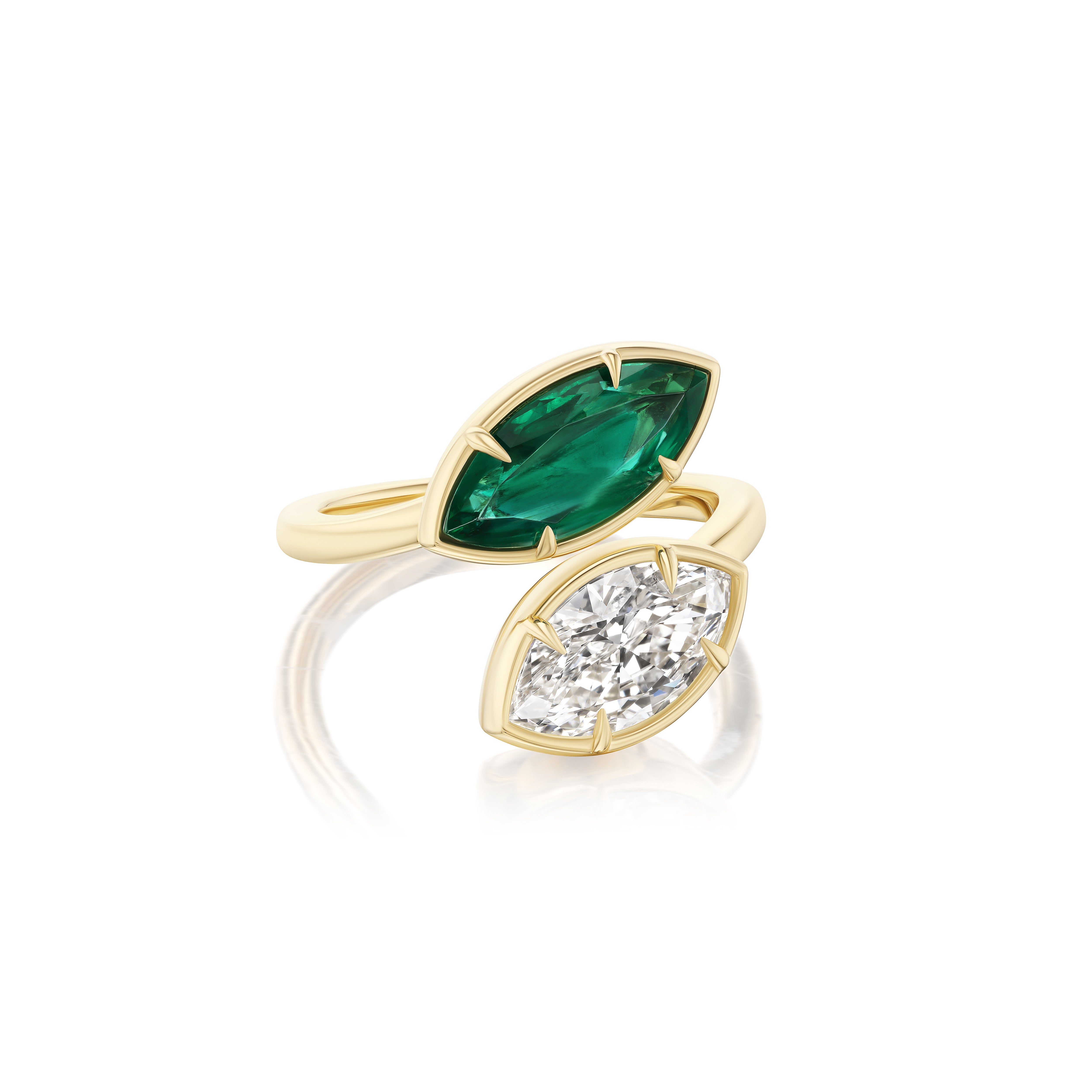 18k yellow gold moi et toi emerald and diamond marquis bypass ring by Tiny Gods