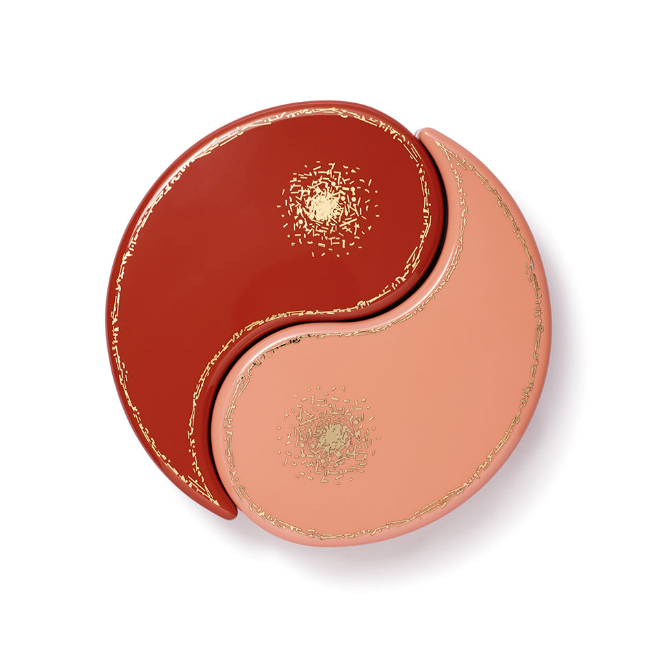 Yin Yang wood royal red and blush lacquer jewelry box with gold inlay by Trove Tiny Gods