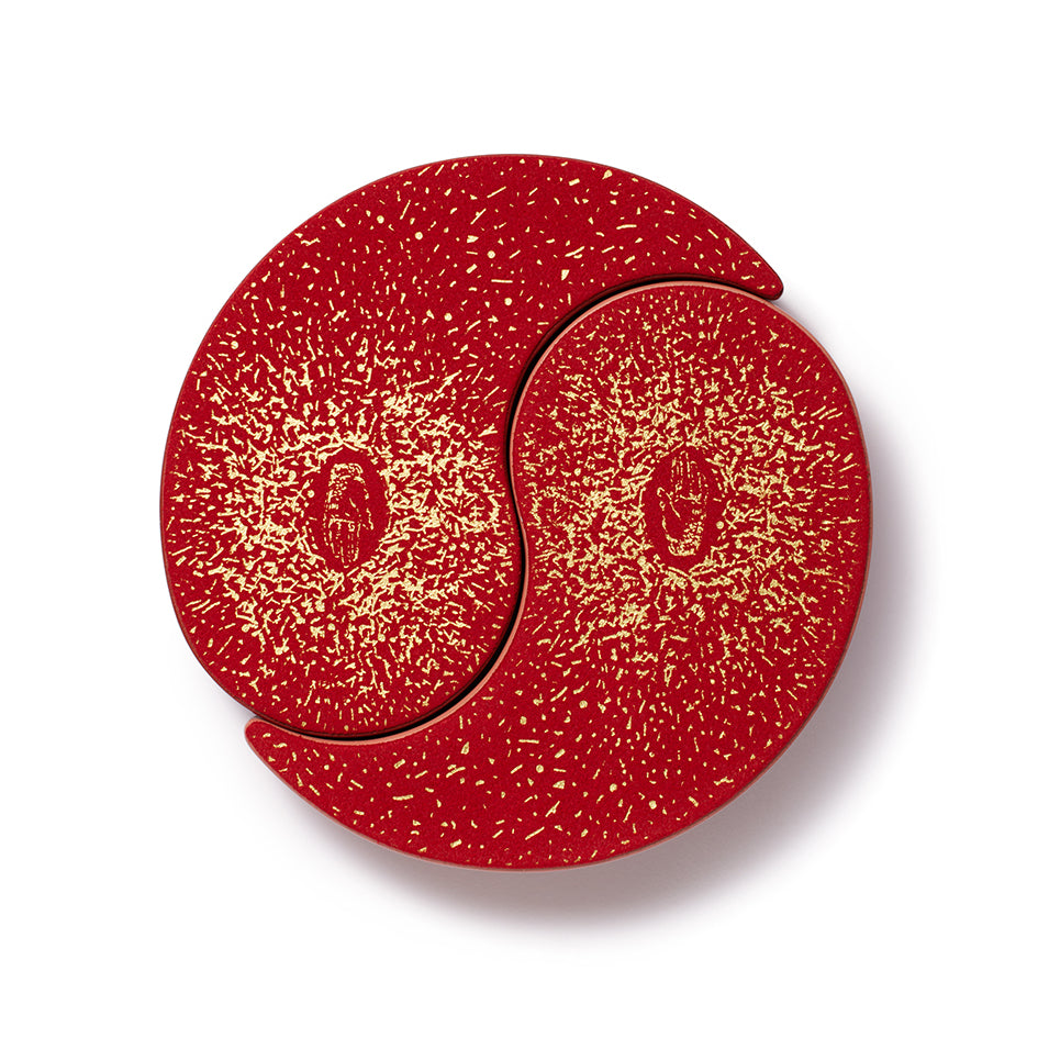 Yin Yang wood royal red and blush lacquer jewelry box with gold inlay by Trove Tiny Gods