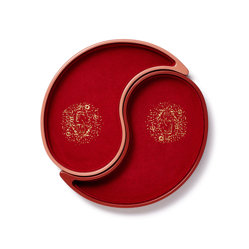 Yin Yang wood royal red and blush lacquer jewelry box with gold inlay by Trove Tiny Gods