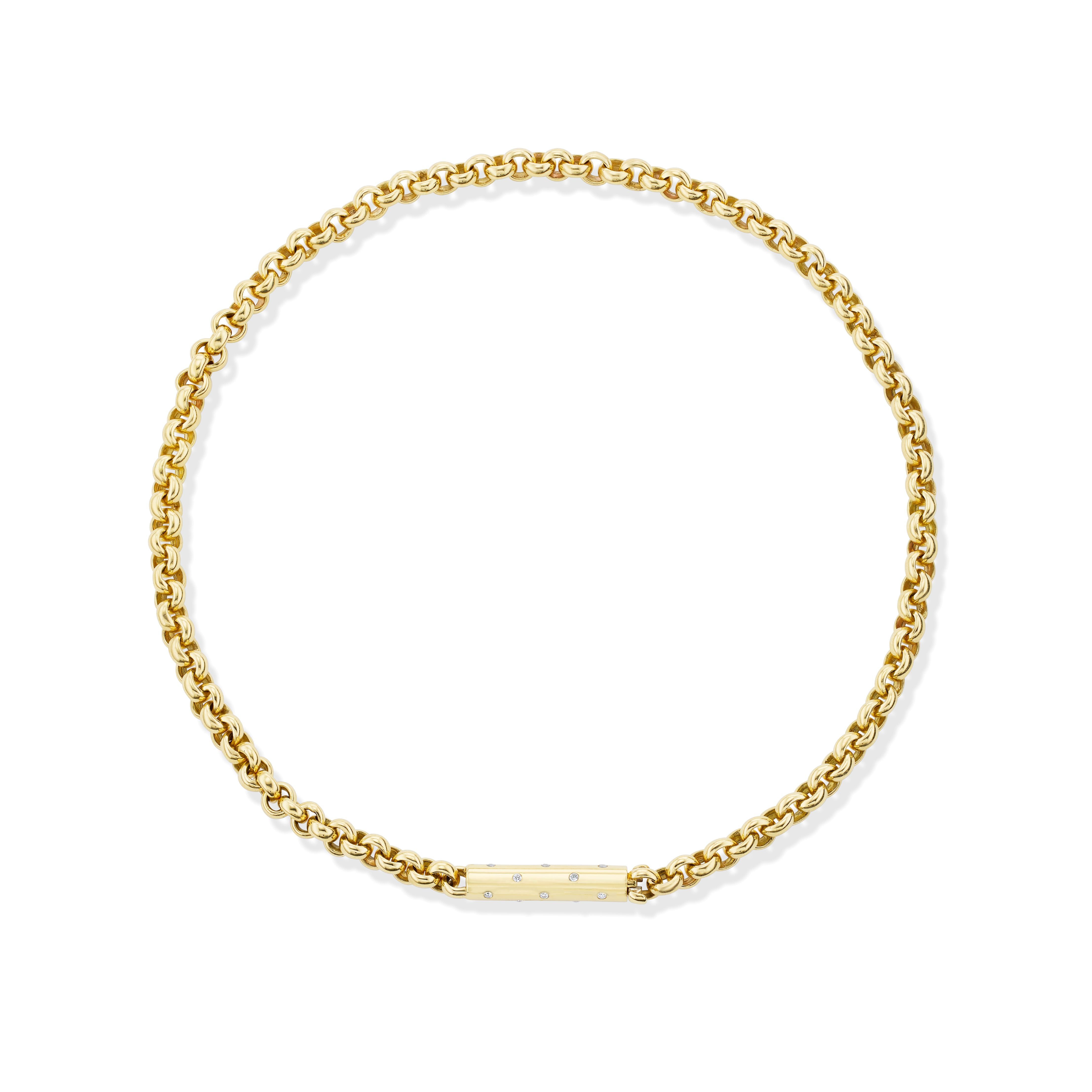 18k yellow gold yvonne necklace with handmade rolo chain and diamond tube clasp Tiny Gods