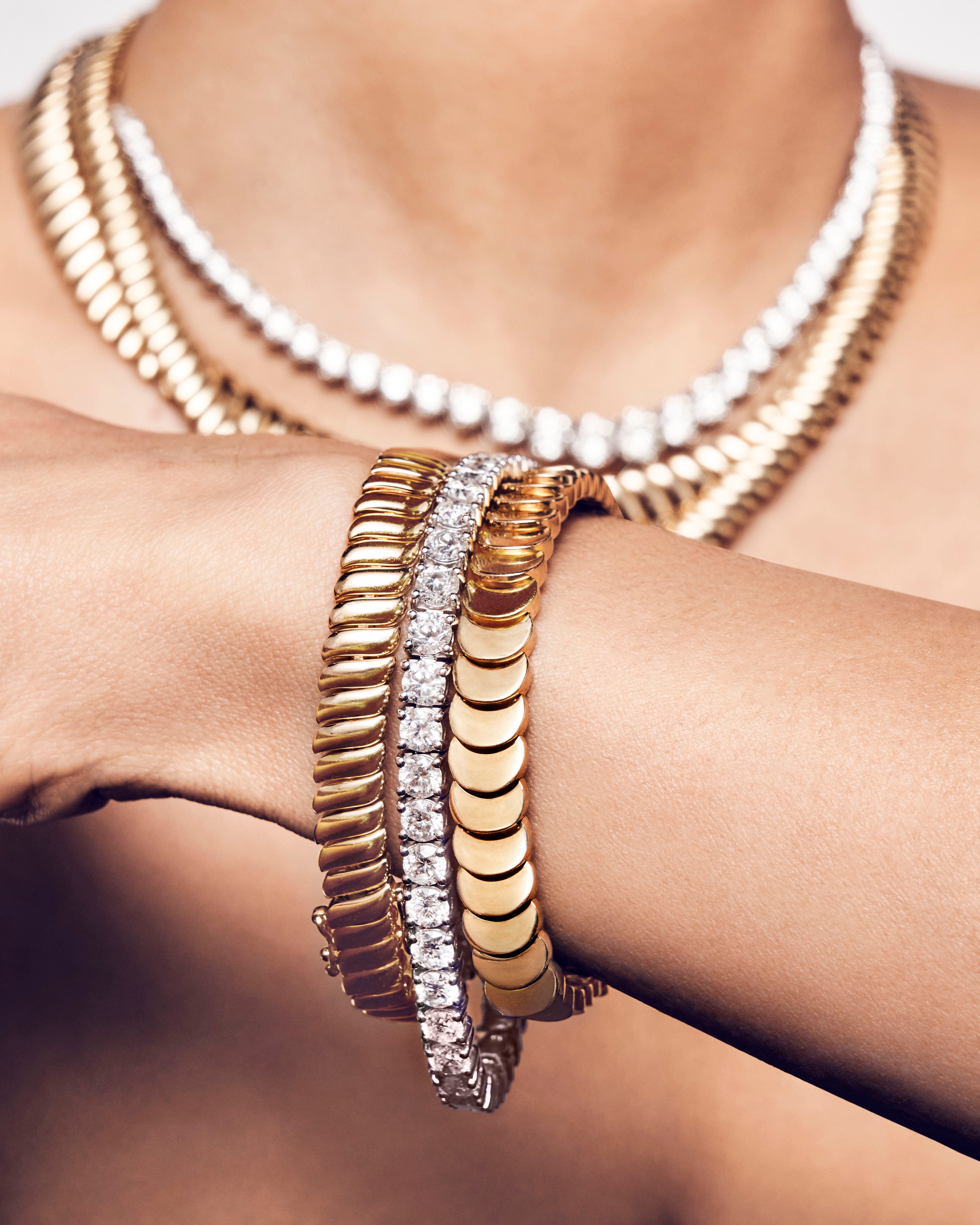 18k yellow gold Zoe Bracelet with diamonds by Anita ko Tiny Gods on model
