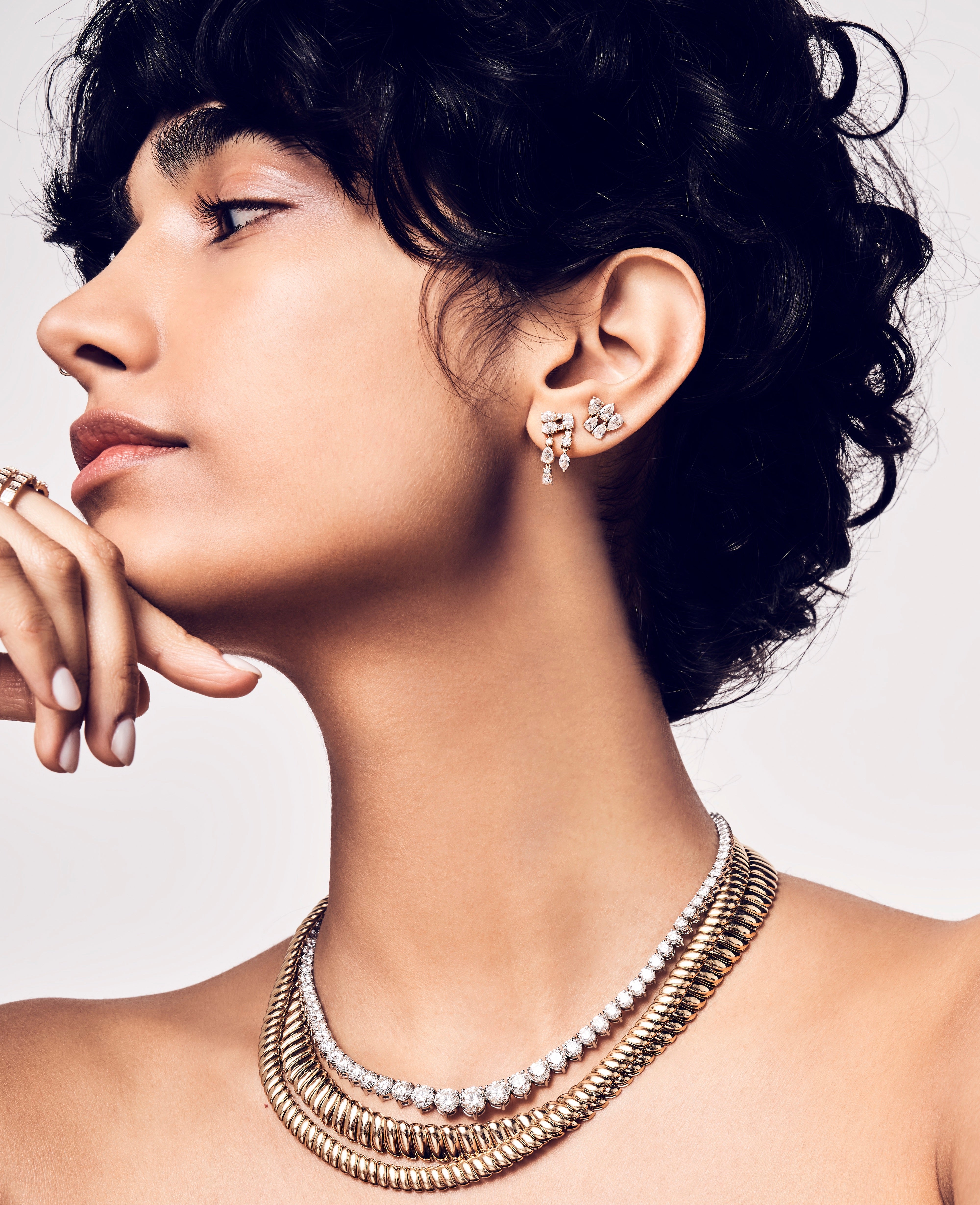 Clara Diamond Earrings 18K yellow gold pear diamond cluster studs by Anita Ko at Tiny Gods on model