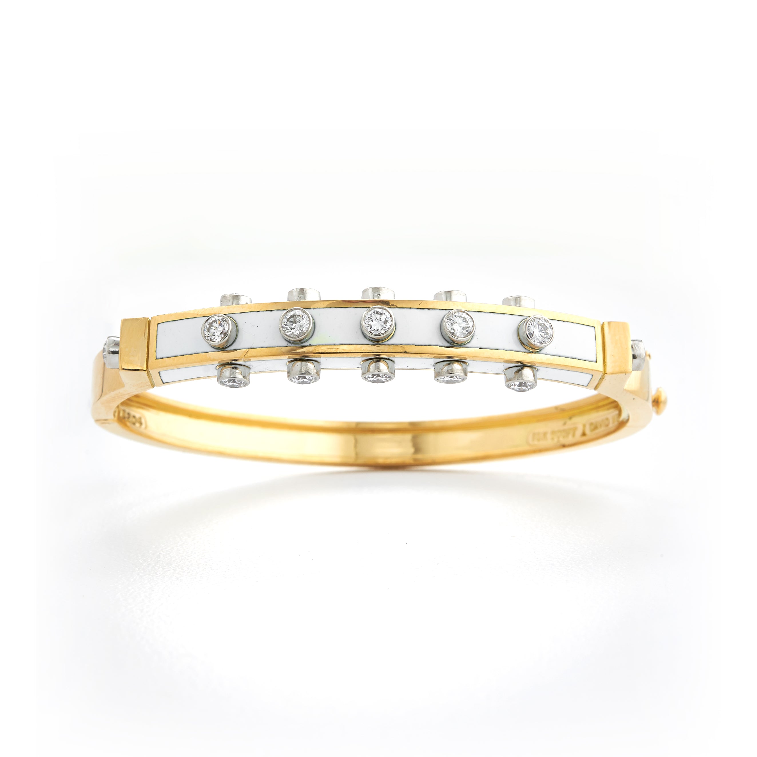 18k yellow gold and platinum white studlette bangle with collet set brilliant cut diamonds with white enamel by David Webb Tiny Gods