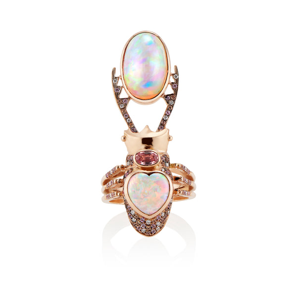 Daniela Villegas Opal Aurae Stag Beetle Ring in 18k rose gold with sapphires.