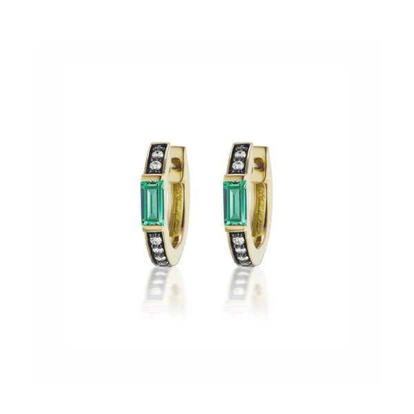 18k yellow gold otto earrings with emerald, diamonds and black rhodium detail by Sorellina