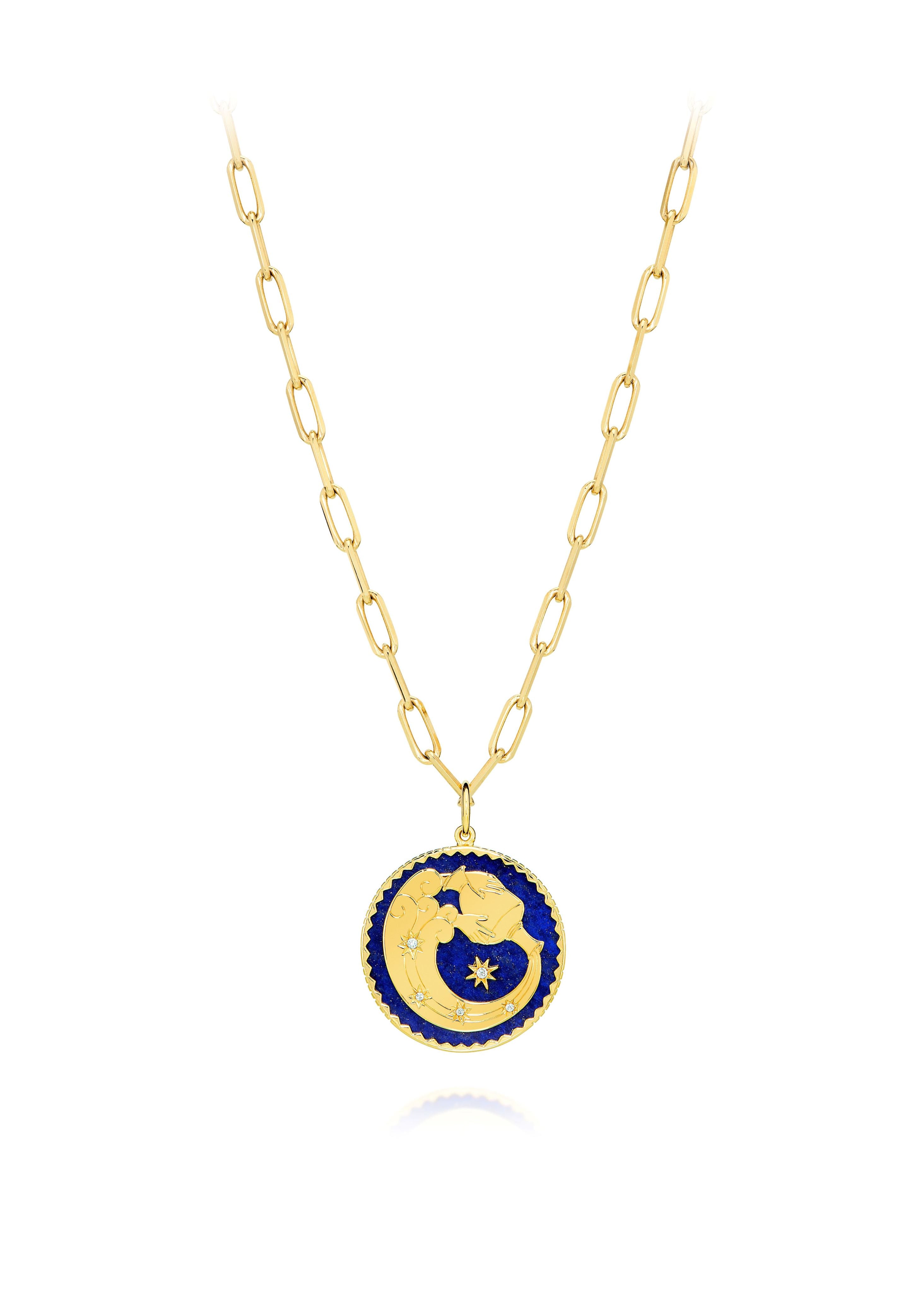 18k yellow gold lapis lazuli pendant with 5 diamonds and Aquarius engraving by Sauer