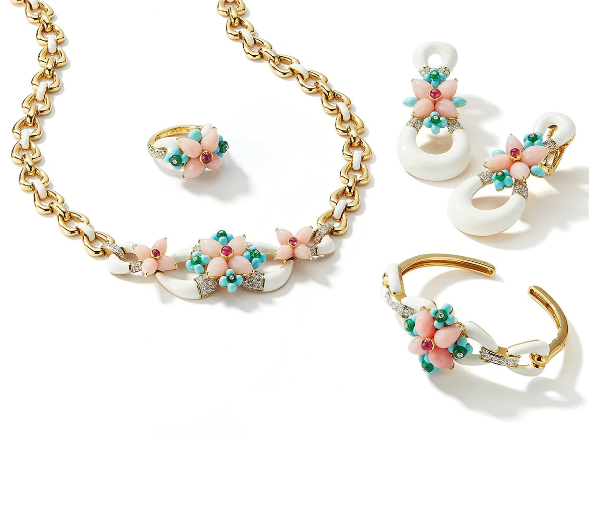 18k yellow gold and platinum Asheville collection necklace, bracelet, earrings and ring by David Webb Tiny Gods