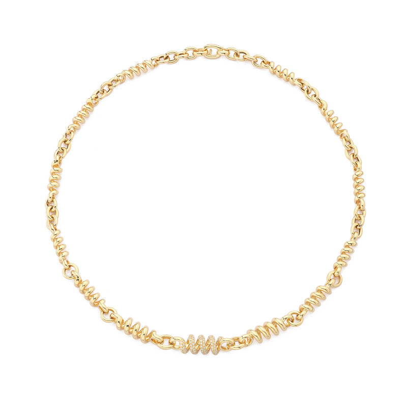 18k yellow gold slinkee necklace with one single diamond curl by Boochier Tiny Gods