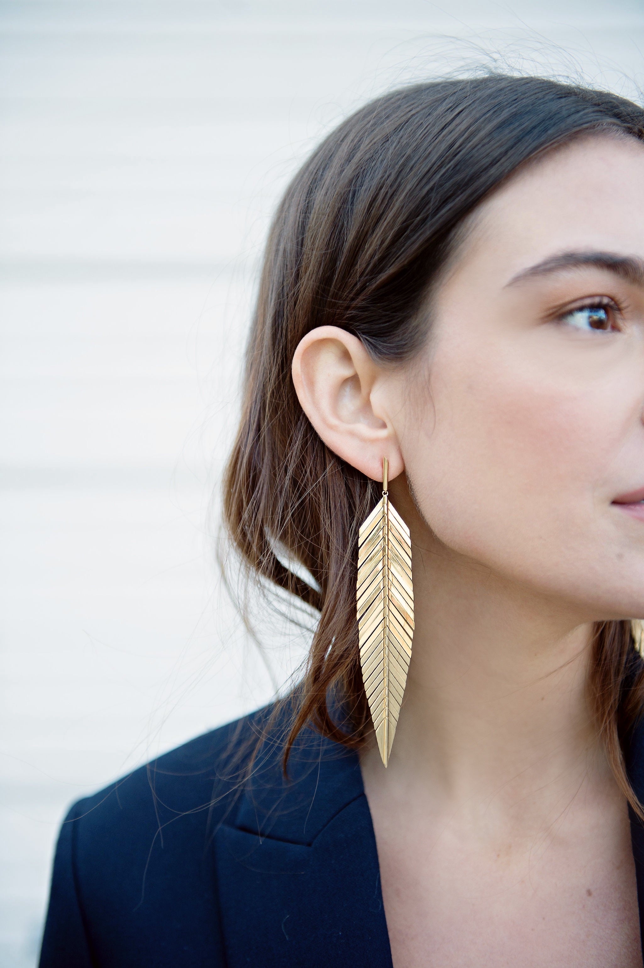 Large Feather Drop Earrings by Cadar 18K yellow gold dangle Tiny Gods on model