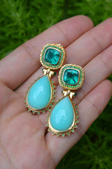 One-of-a-kind Chrysoprase & Emerald Earrings 18k yellow gold statement spike earrings by Lauren Harwell Godfrey in hand