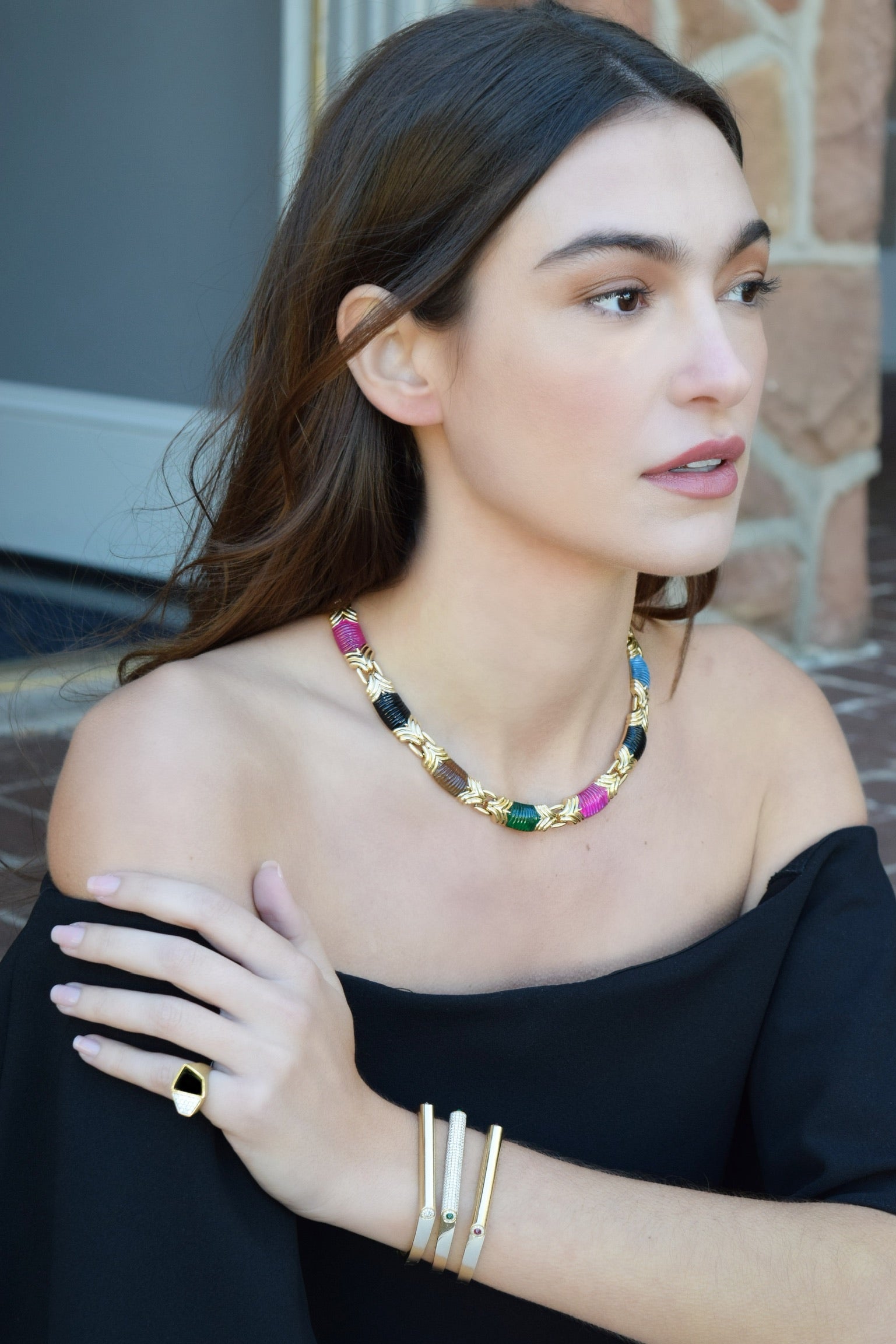 14k yellow gold cleopatra necklace by Rainbow K with amethyst, onyx, tourmaline set with gold links Tiny Gods on model