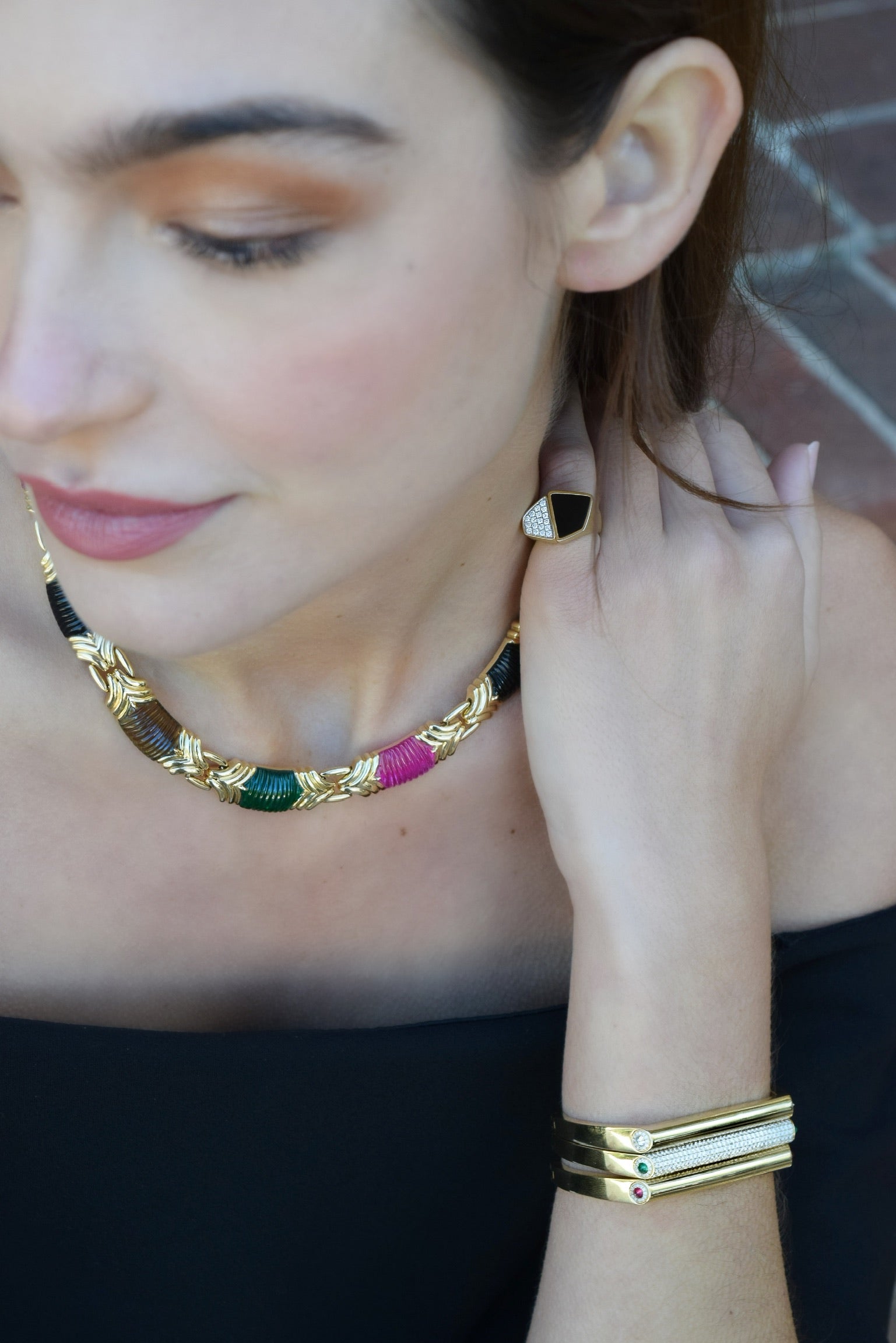 14k yellow gold cleopatra necklace by Rainbow K with amethyst, onyx, tourmaline set with gold links Tiny Gods on model