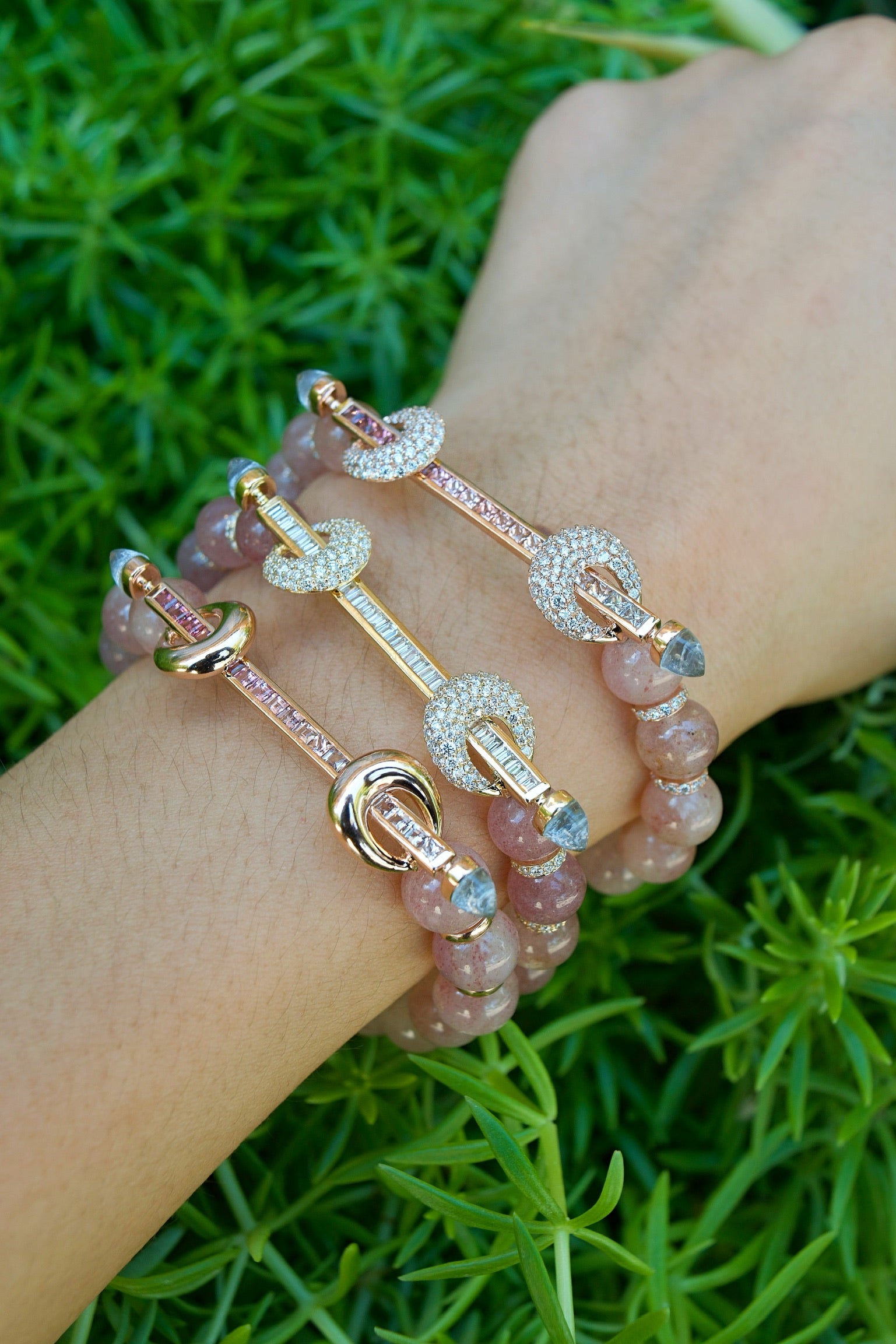 Strawberry Beryl & Peach Tourmaline Chakra Bracelet 18K rose gold stretch expandable bead bracelet by Ananya at Tiny Gods on wrist