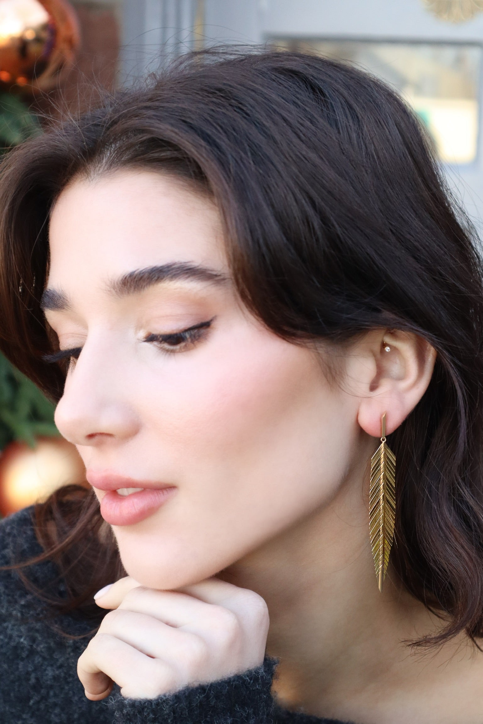 18k yellow gold Medium Feather Drop Earrings by Cedar Tiny Gods