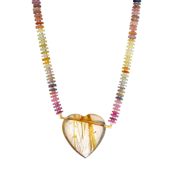 18k yellow gold golden rutilated quartz heart with sapphire beads by Guita M Tiny Gods