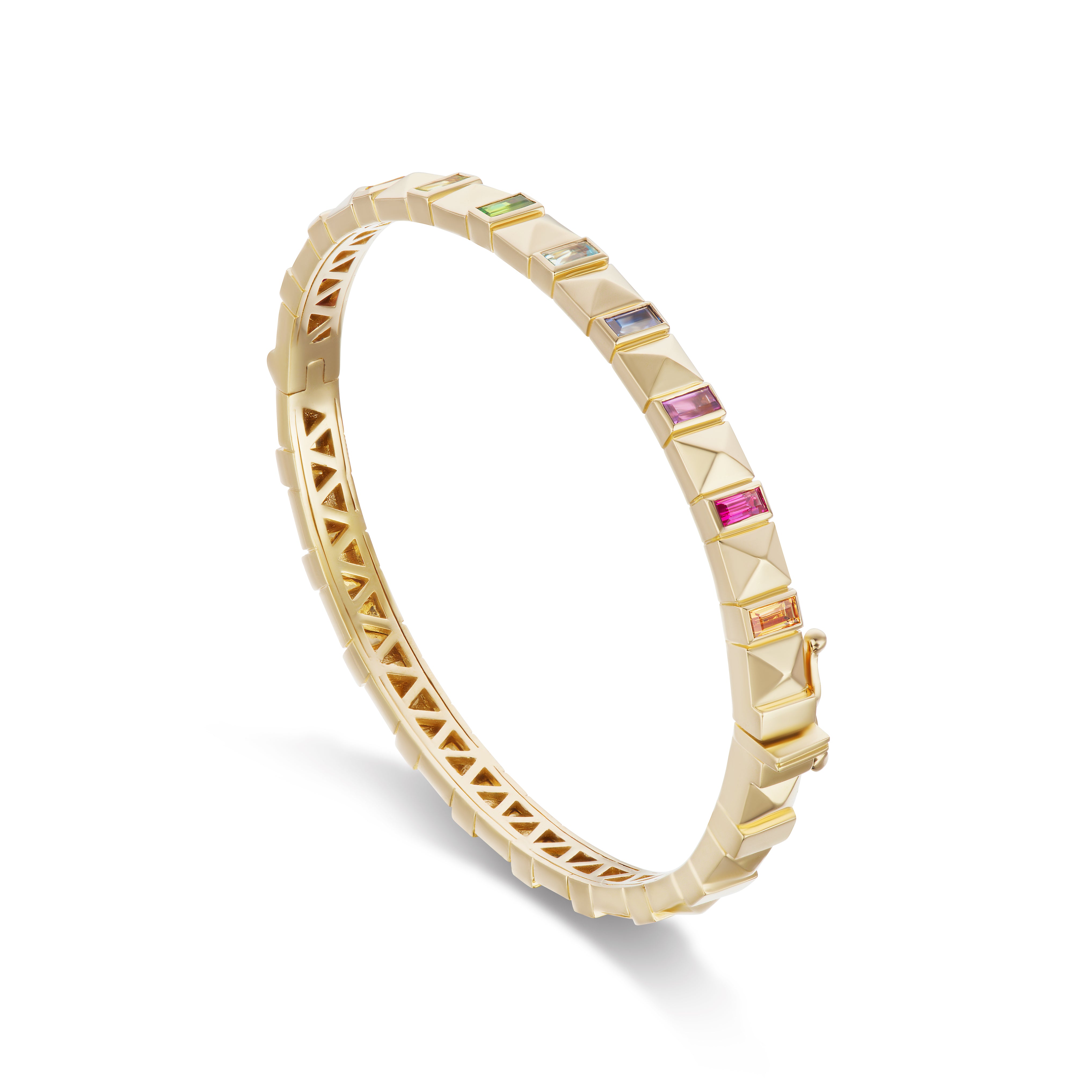 Harwell Godfrey 18k yellow gold bangle with baguette multi-colored sapphires. Double latch closure and hinge bracelet.