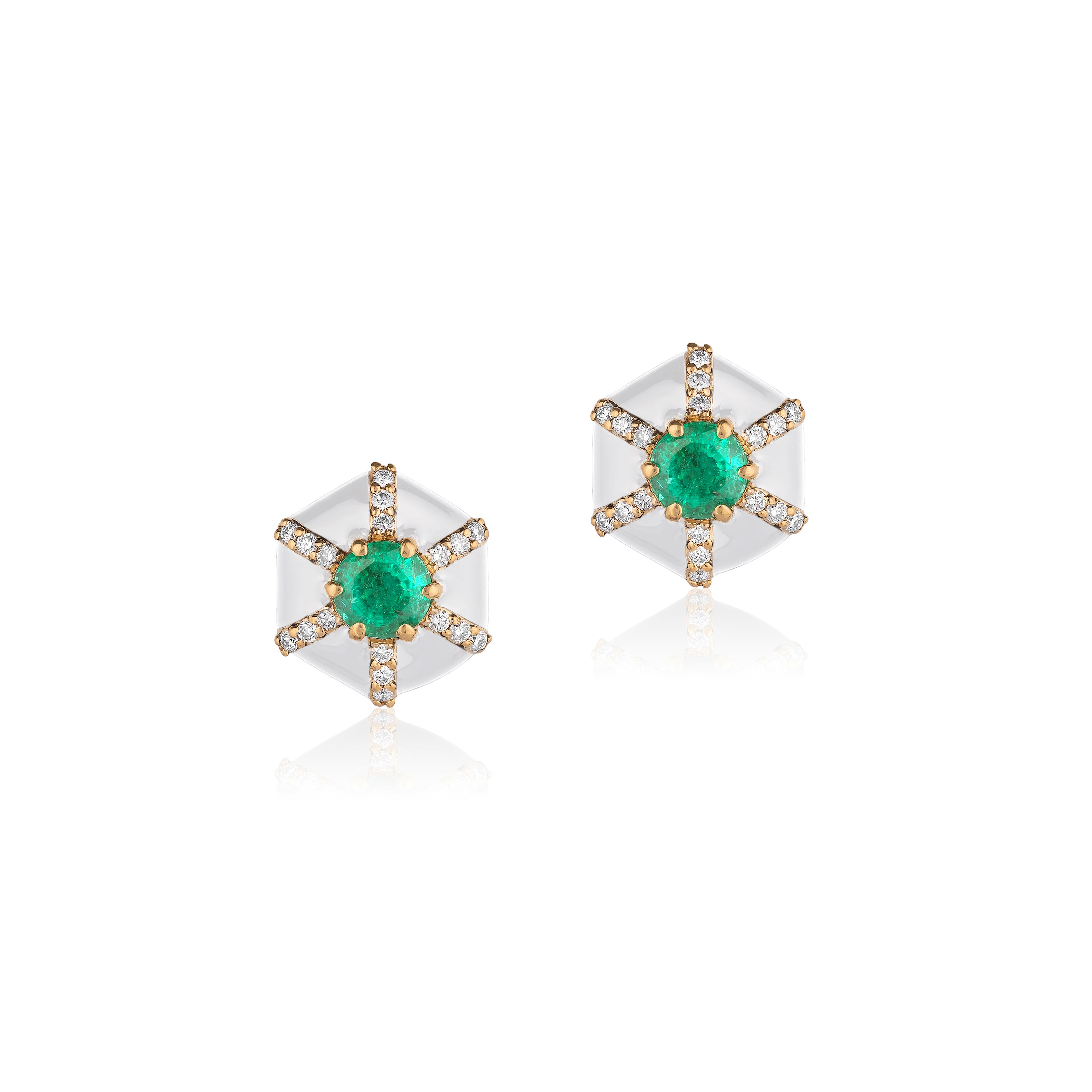 White Enamel and Emerald Hexagon "Queen" Stud