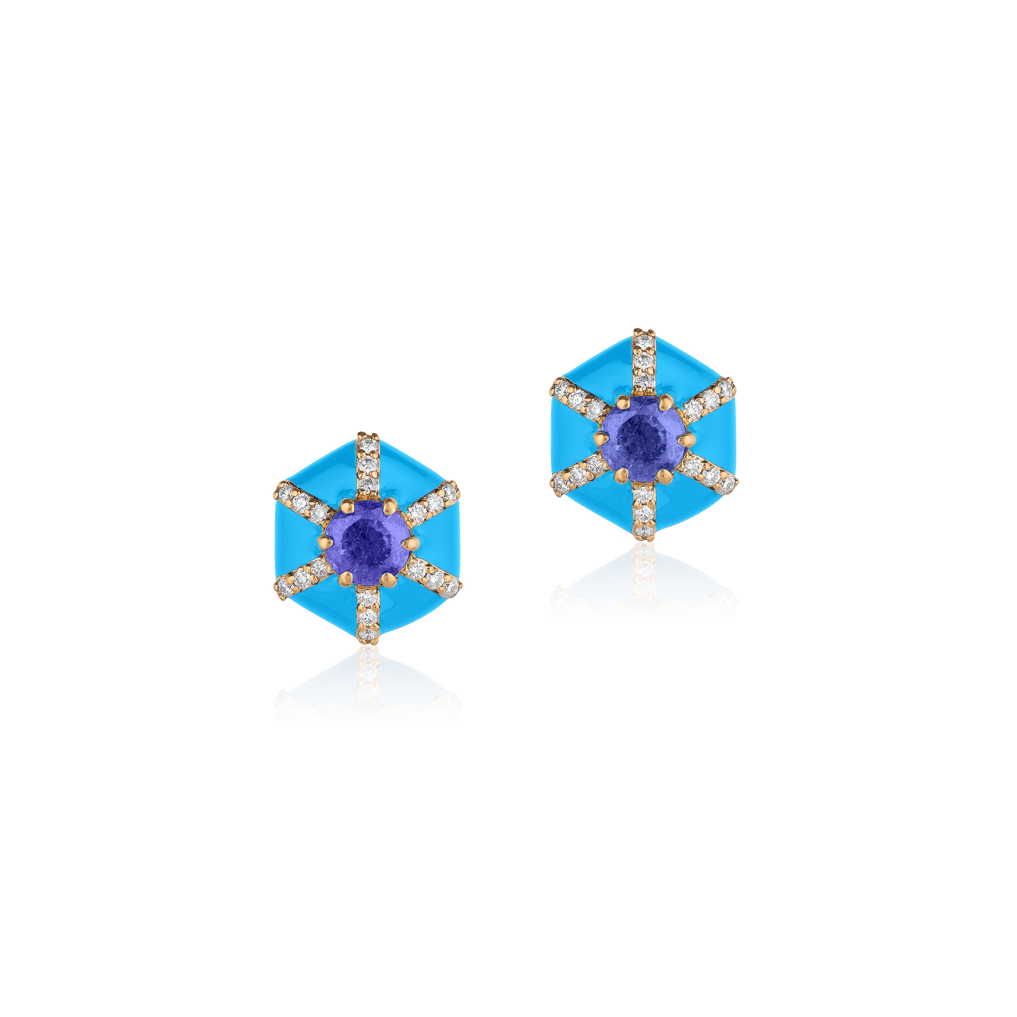 'Queen' Hexagon Tanzanite and Diamond Stud by Goshwara. 18K yellow gold.