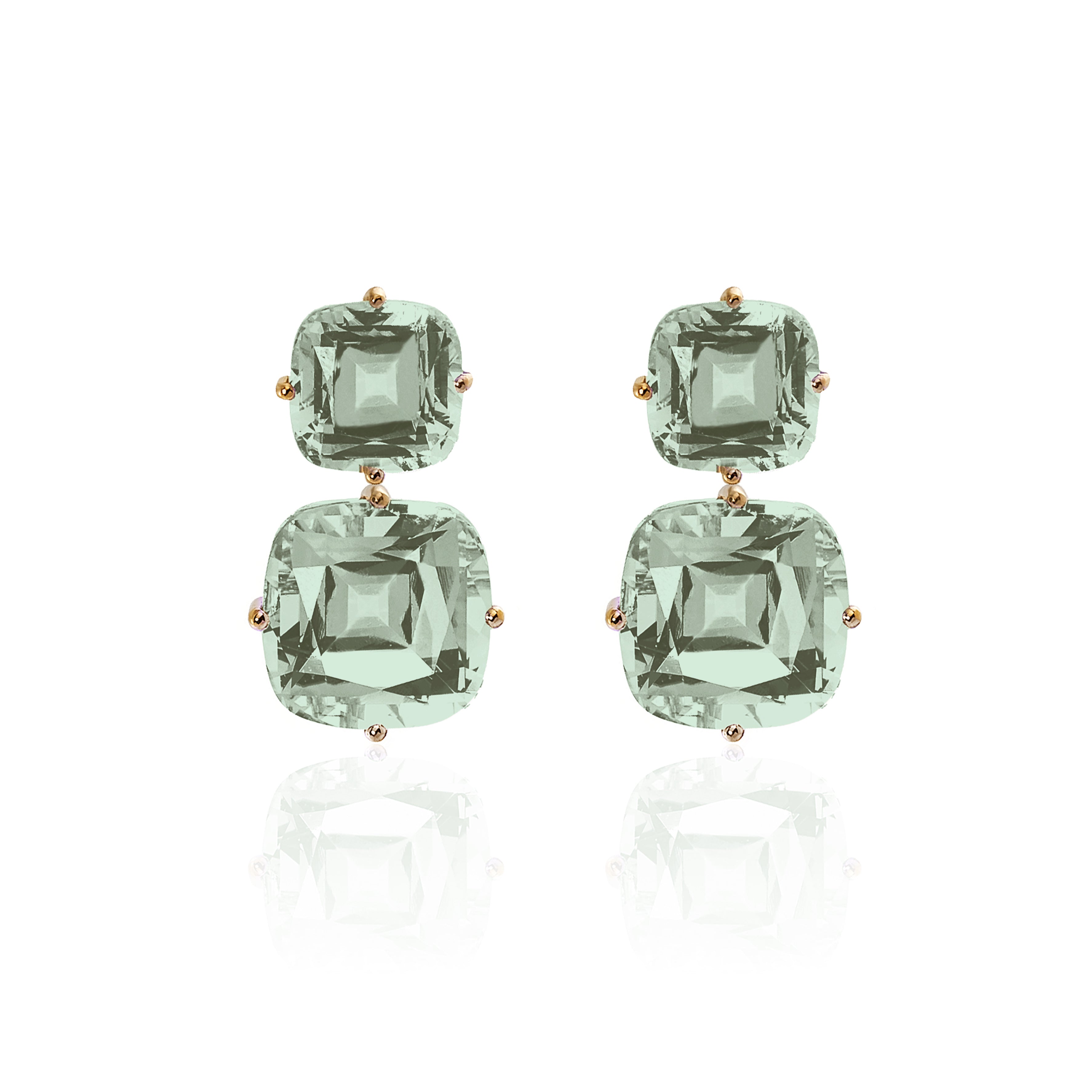 18k yellow gold prong set prasiolite cushion tiered earrings two stones by Goshwara Tiny Gods