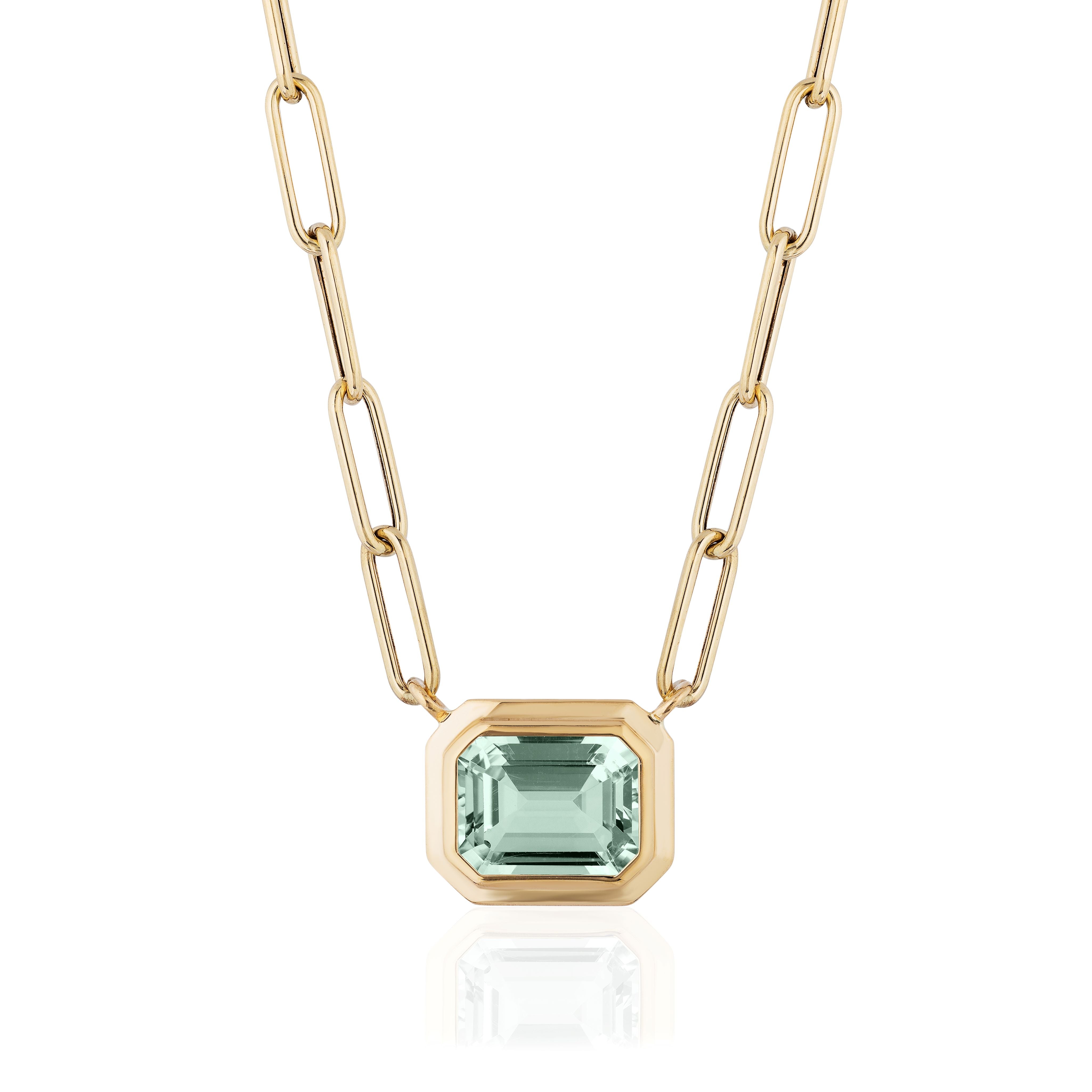 Prasiolite emerald cut bezel set pendant in 18k yellow gold by Goshwara
