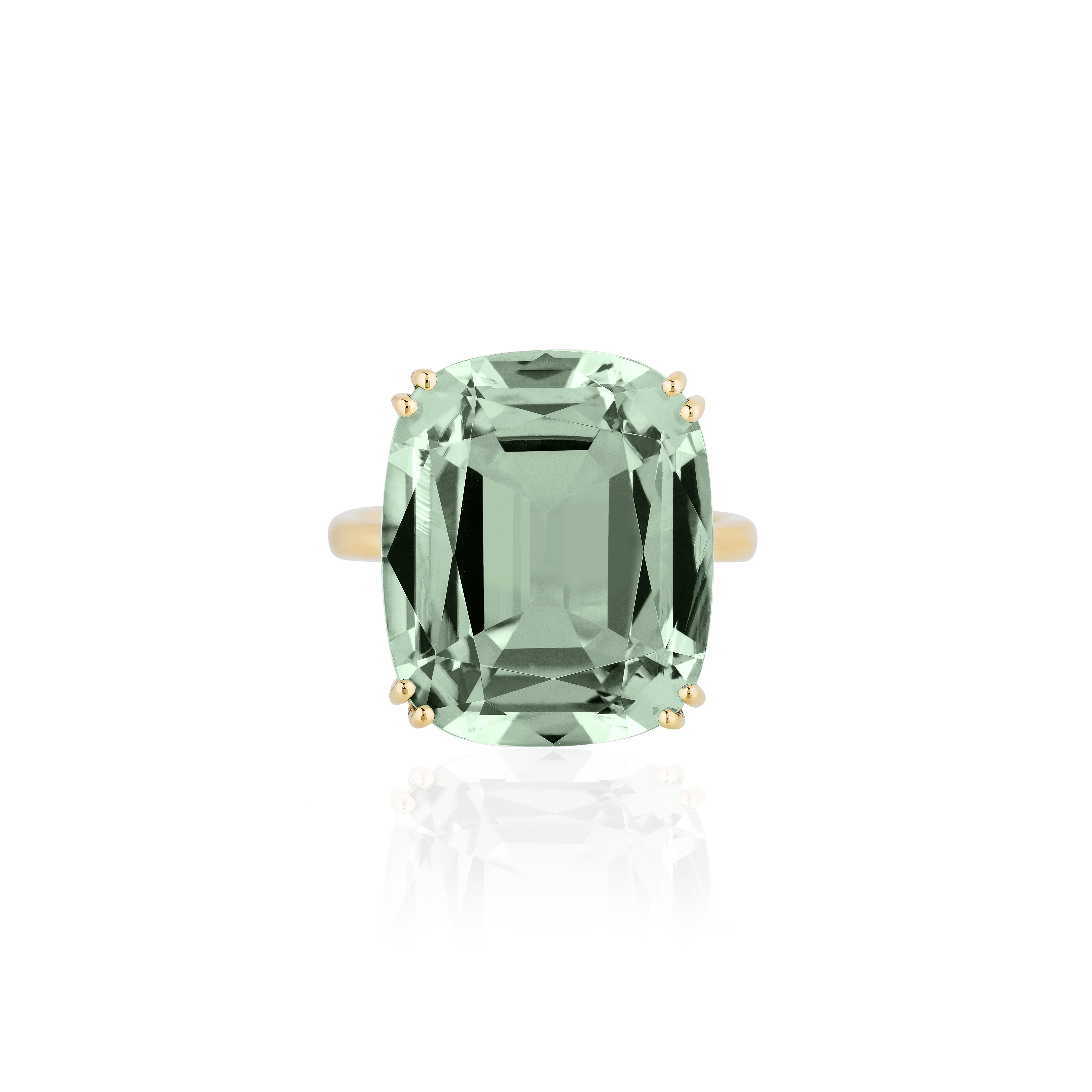18k yellow gold prong set cushion cut prasiolite ring by Goshwara Tiny Gods
