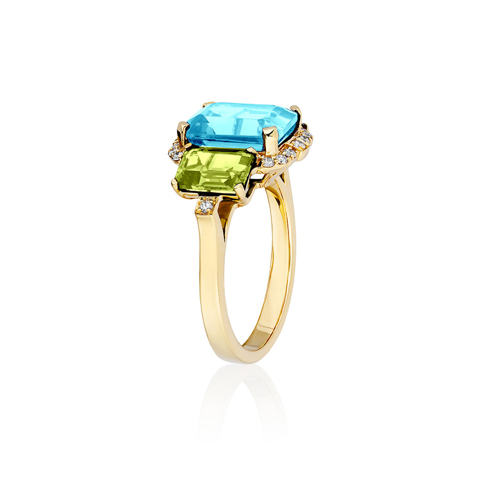 'Gossip' Blue Topaz and Peridot Ring by Goshwara. 18k yellow gold and diamonds.