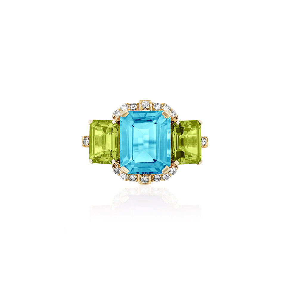 Diamond 'Gossip' Blue Topaz and Peridot Ring by Goshwara. 18k yellow gold and diamonds.