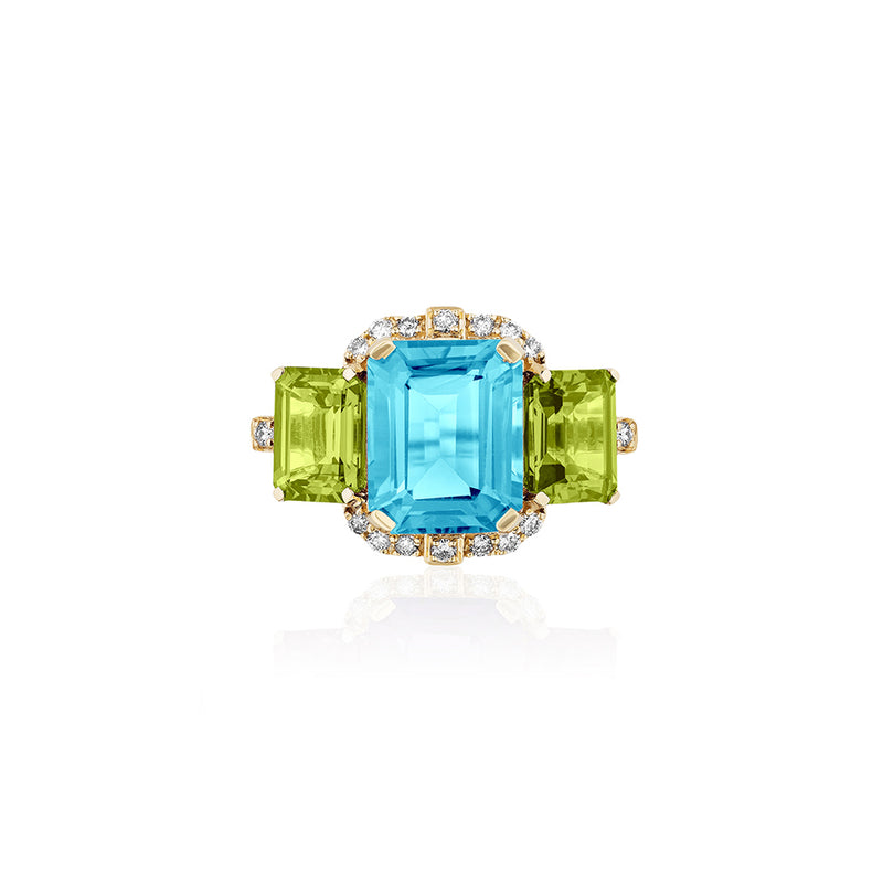 Diamond 'Gossip' Blue Topaz and Peridot Ring by Goshwara. 18k yellow gold and diamonds. 
