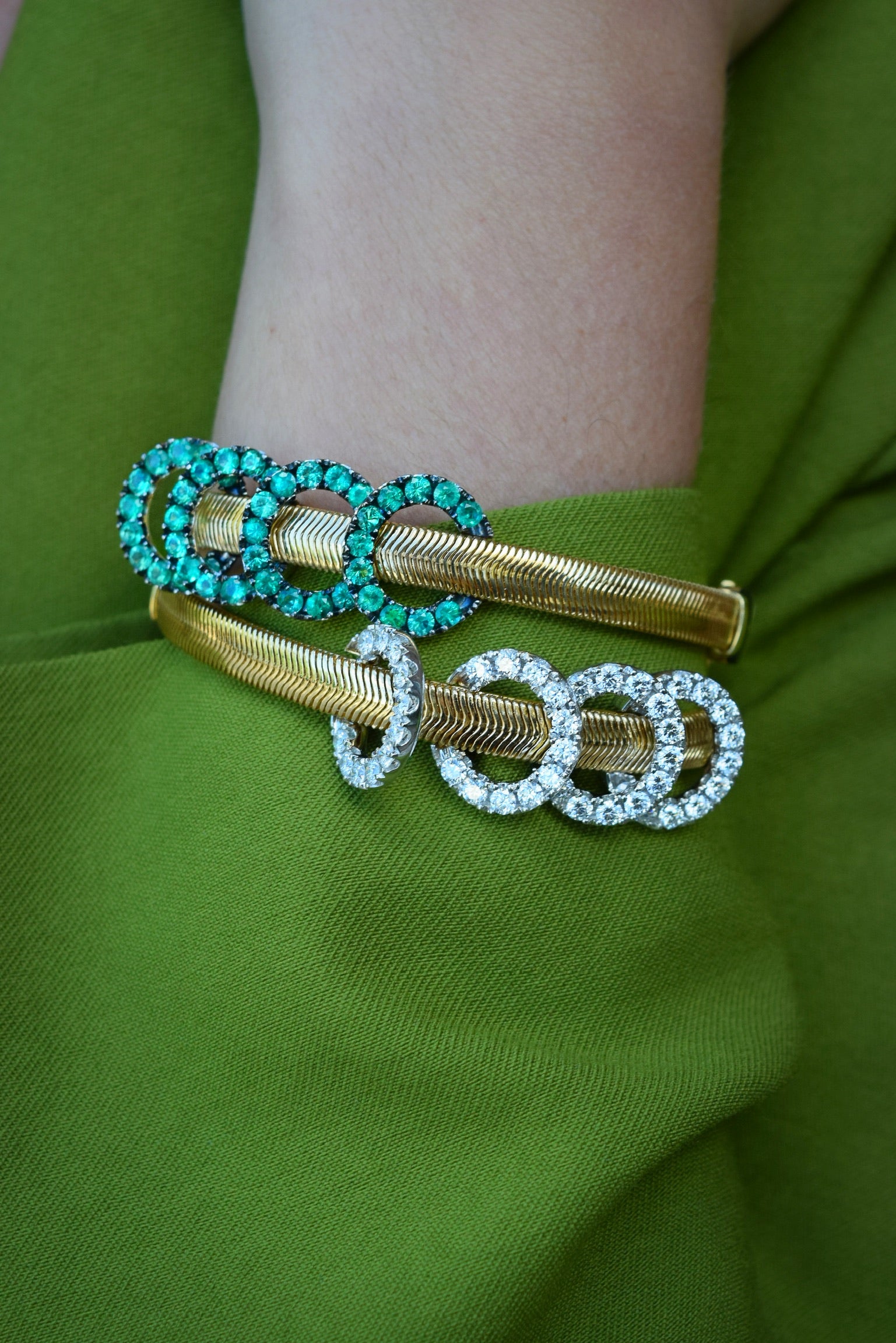 18k yellow and white gold four looped diamond feelings cuff bracelet by Nikos Koulis Tiny Gods