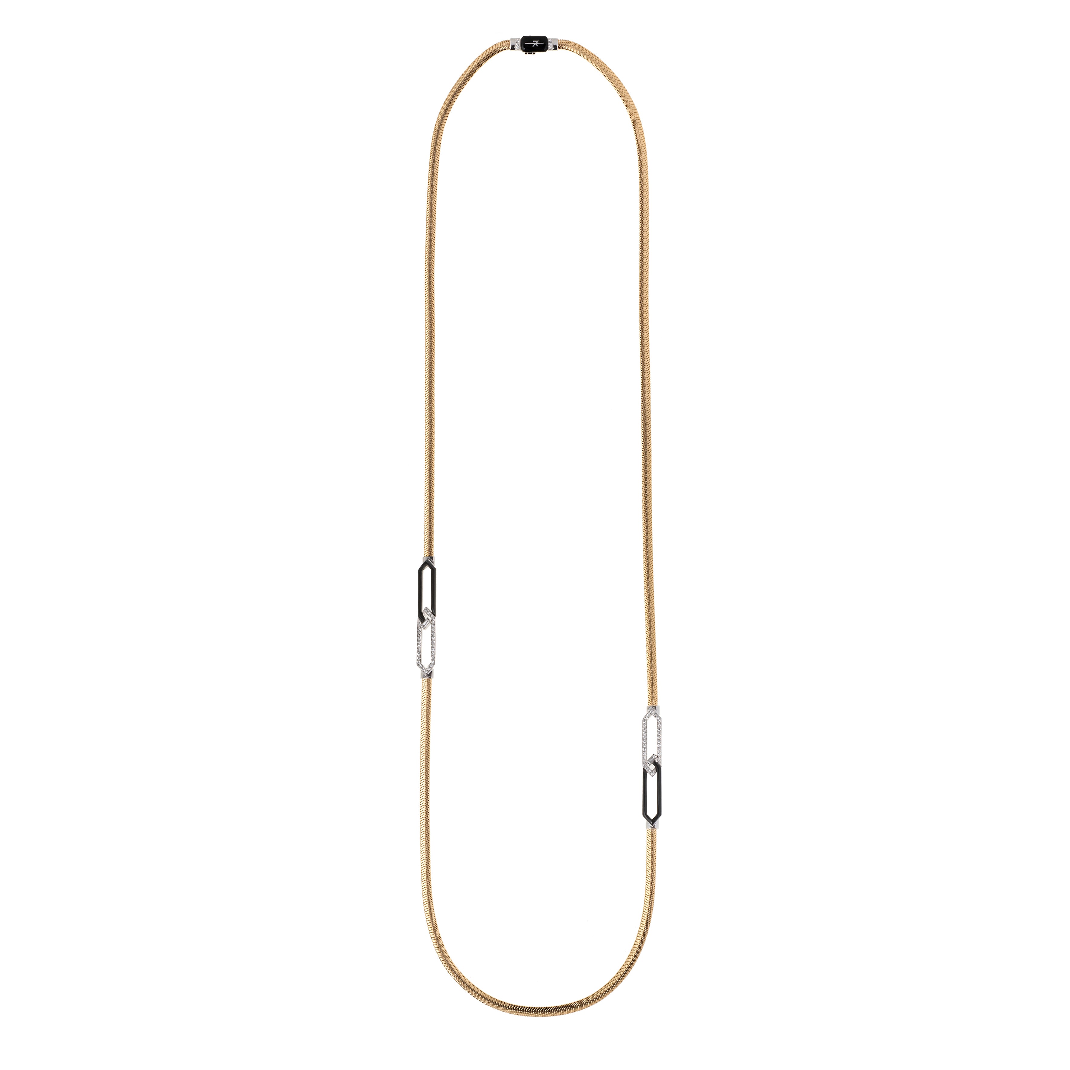 Nikos Koulis 18kt yellow gold snake chain black enamel and diamond Feelings Necklace with Diamonds & Black Enamel long made in Greece