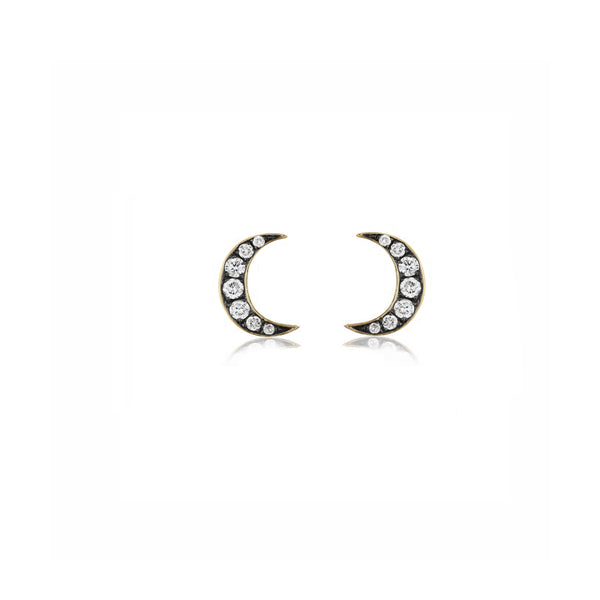 18k yellow gold crescent moon studs with black rhodium detail and diamonds by Sorellina Tiny Gods