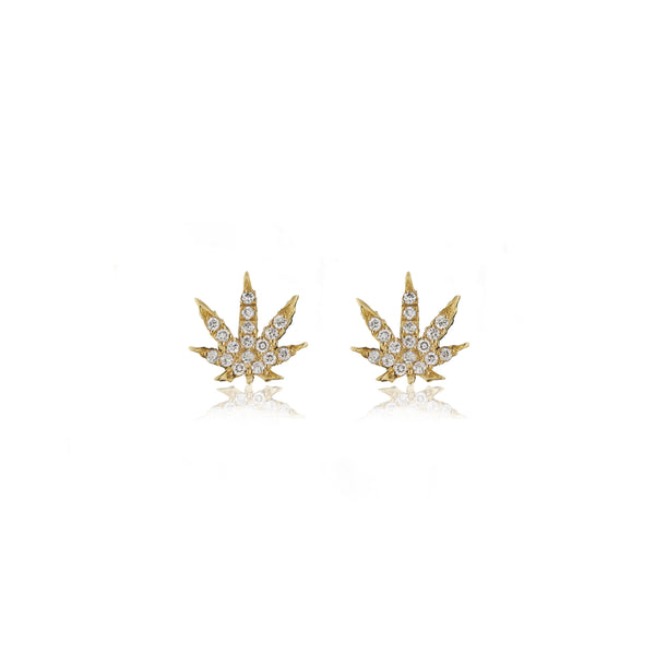 18k yellow gold and diamond pot weed marijuana Cannabis Studs earrings by Sorellina Tiny Gods