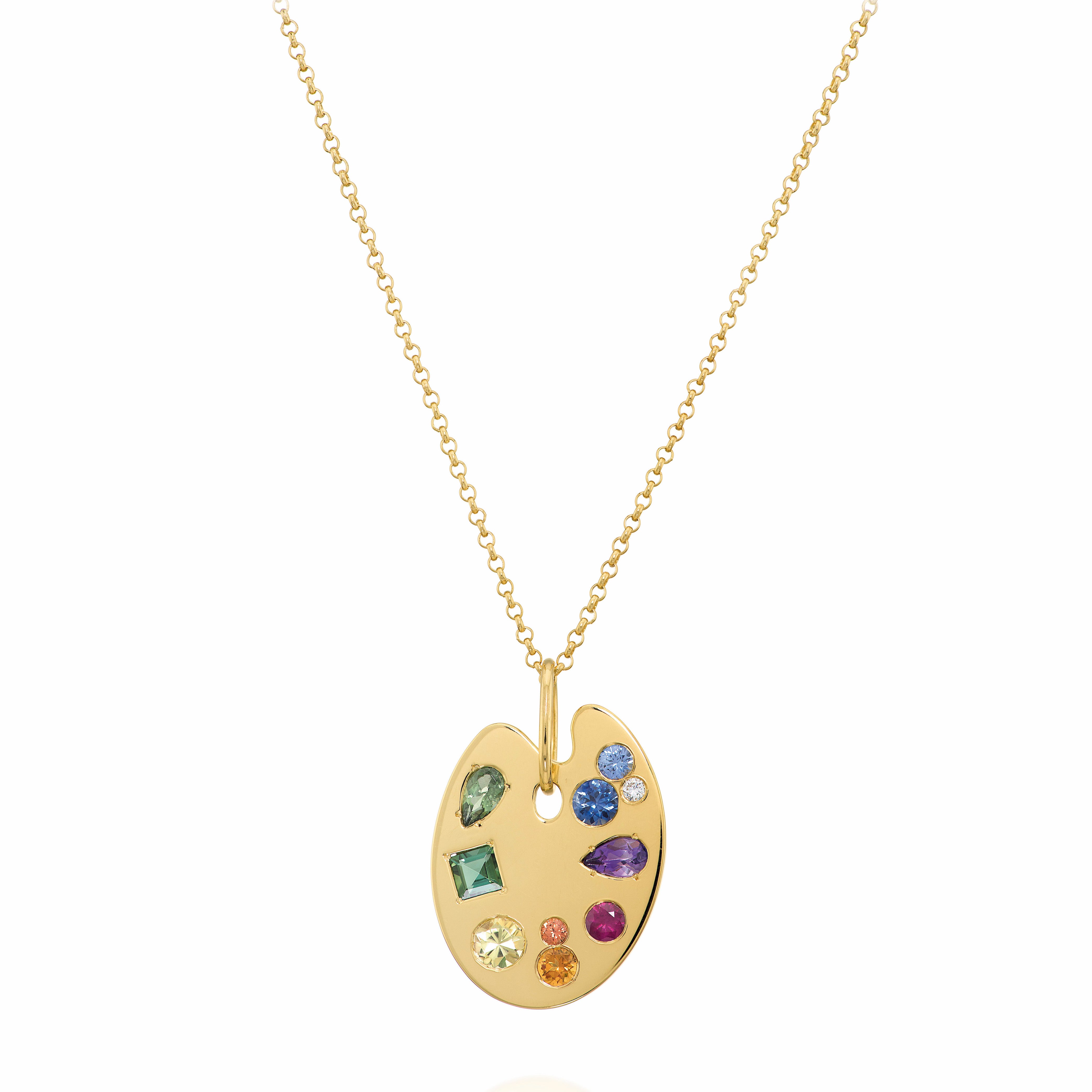 18K yellow gold art paint palette pendant with rainbow gemstones necklace made by Sauer made in Brazil
