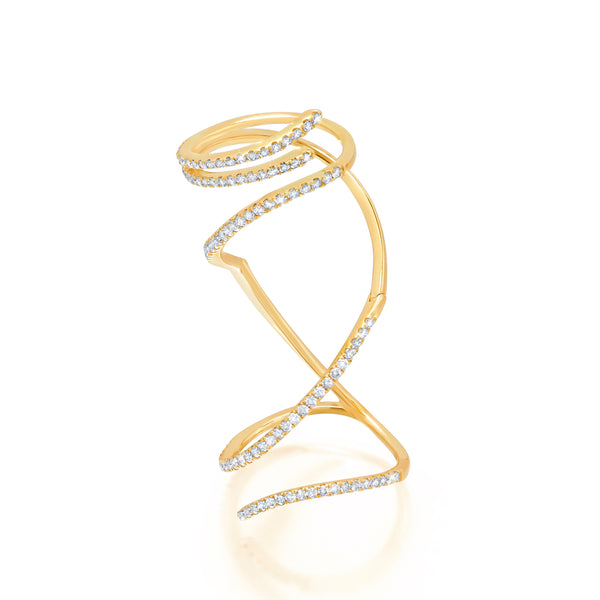 18k yellow gold mega swirl ring with diamonds by Graziela  articulated flexible swirl band