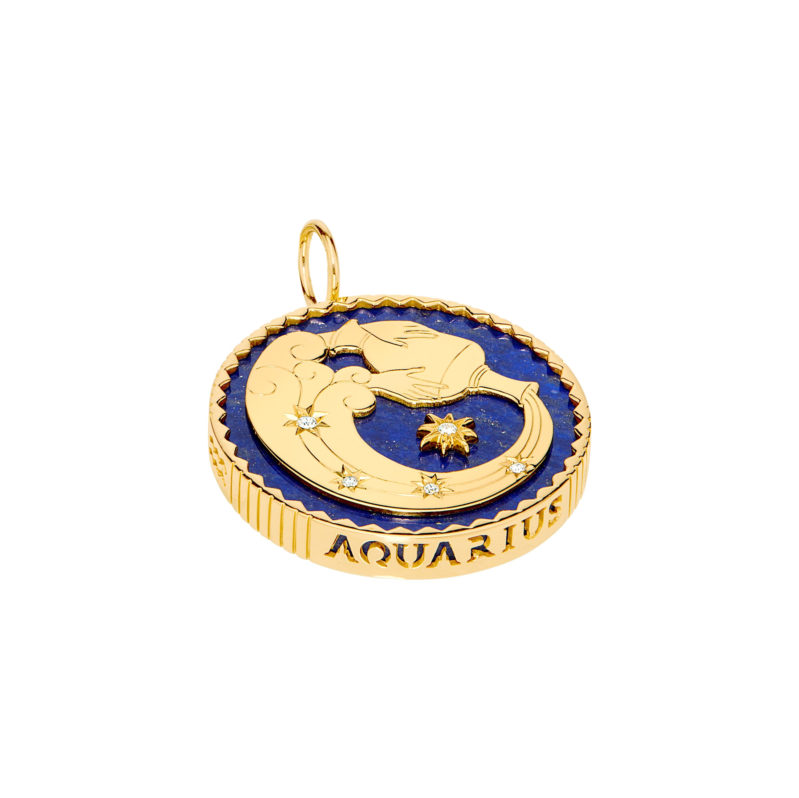 18k yellow gold lapis lazuli pendant with 5 diamonds and Aquarius engraving by Sauer