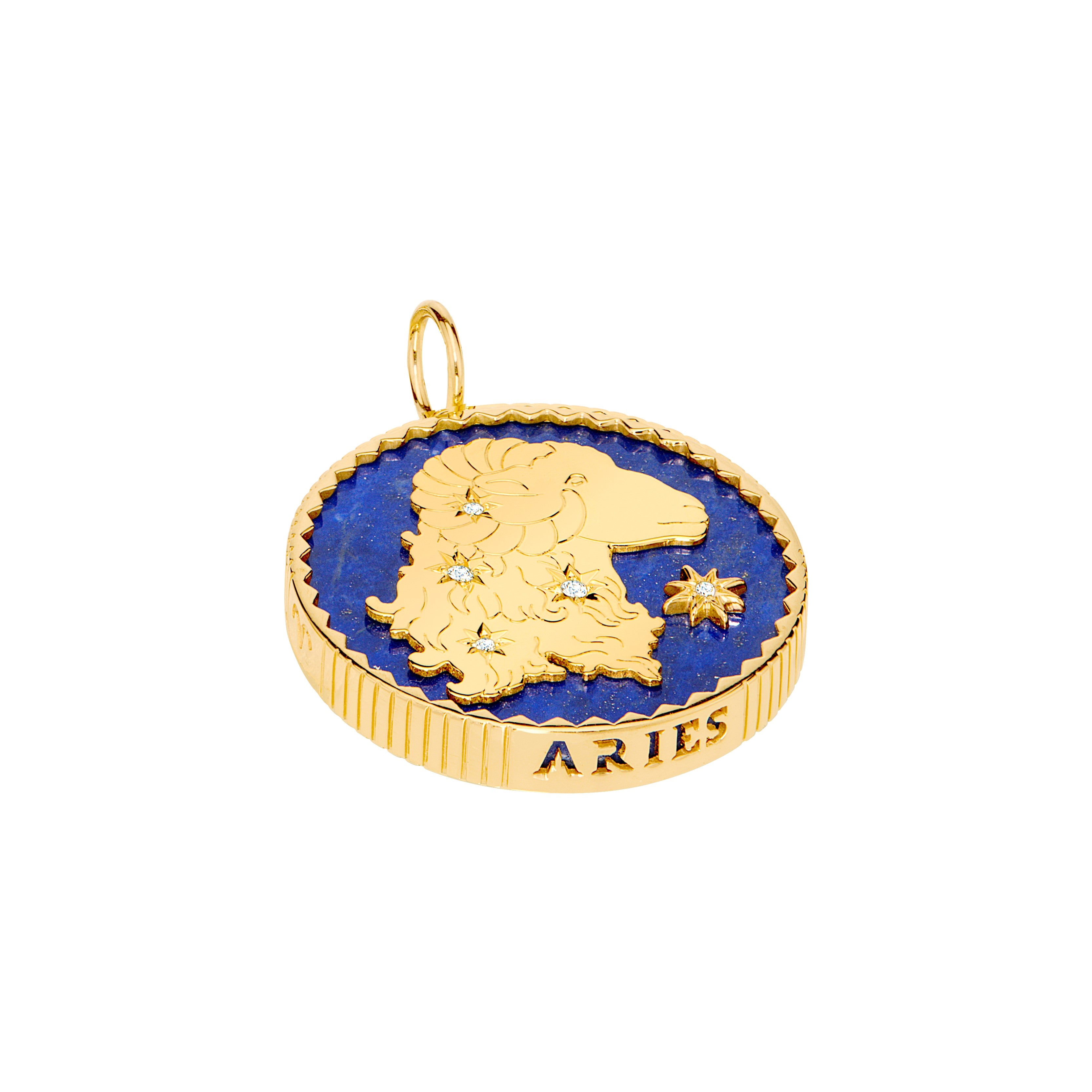 18k yellow gold lapis lazuli pendant with 5 diamonds and Aries engraving by Sauer
