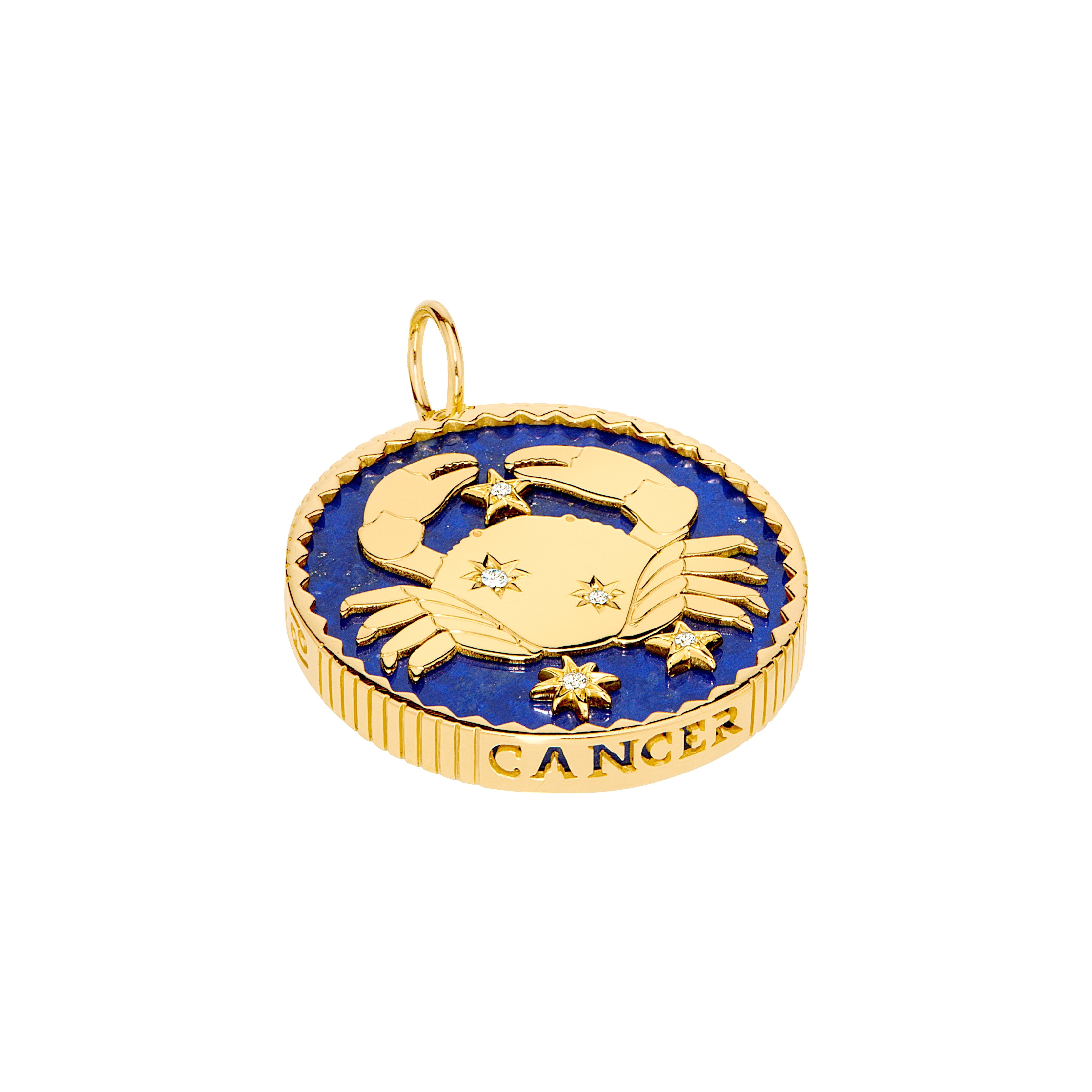 18k yellow gold lapis lazuli pendant with 5 diamonds and Cancer engraving by Sauer