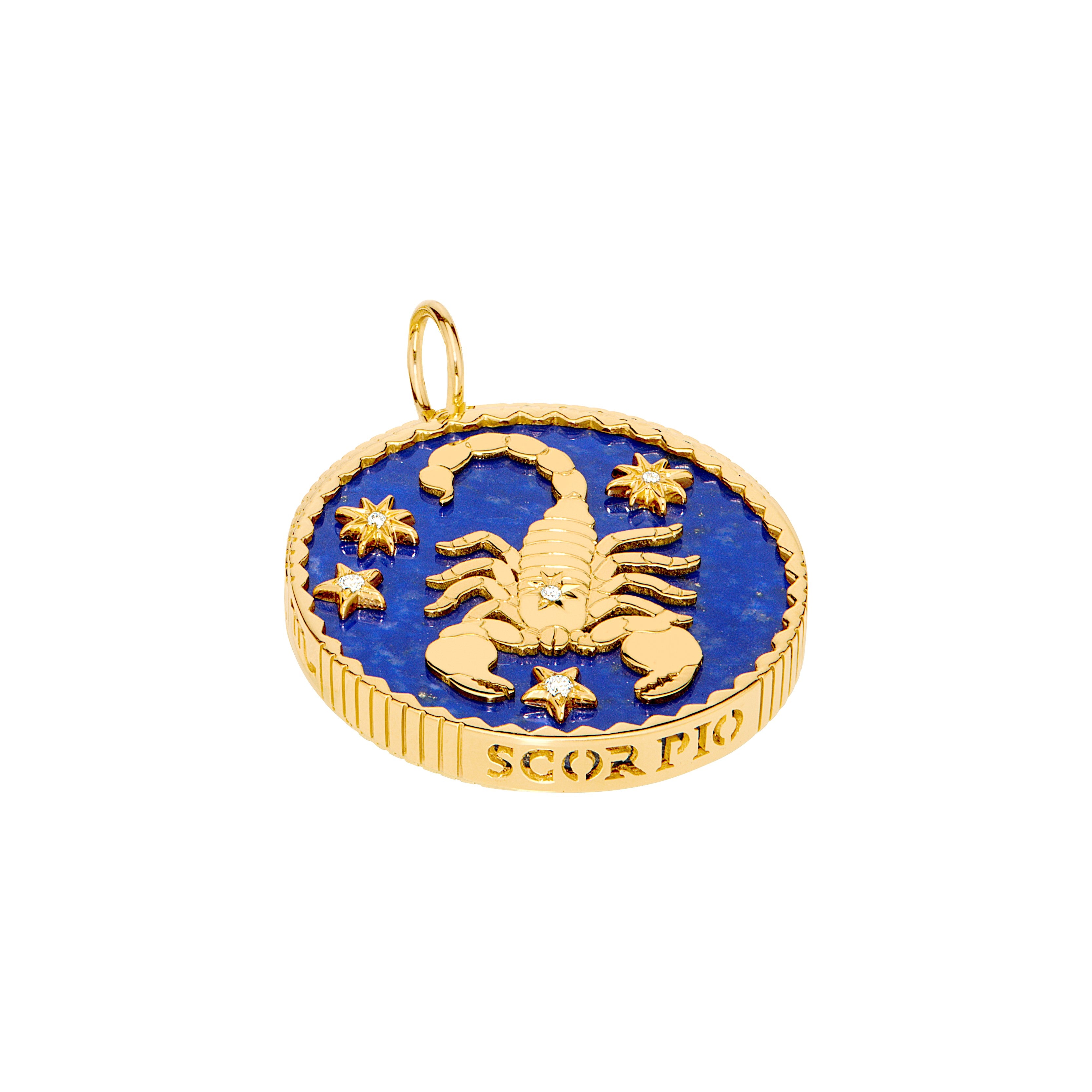 18k yellow gold lapis lazuli pendant with 5 diamonds and Scorpio engraving by Sauer