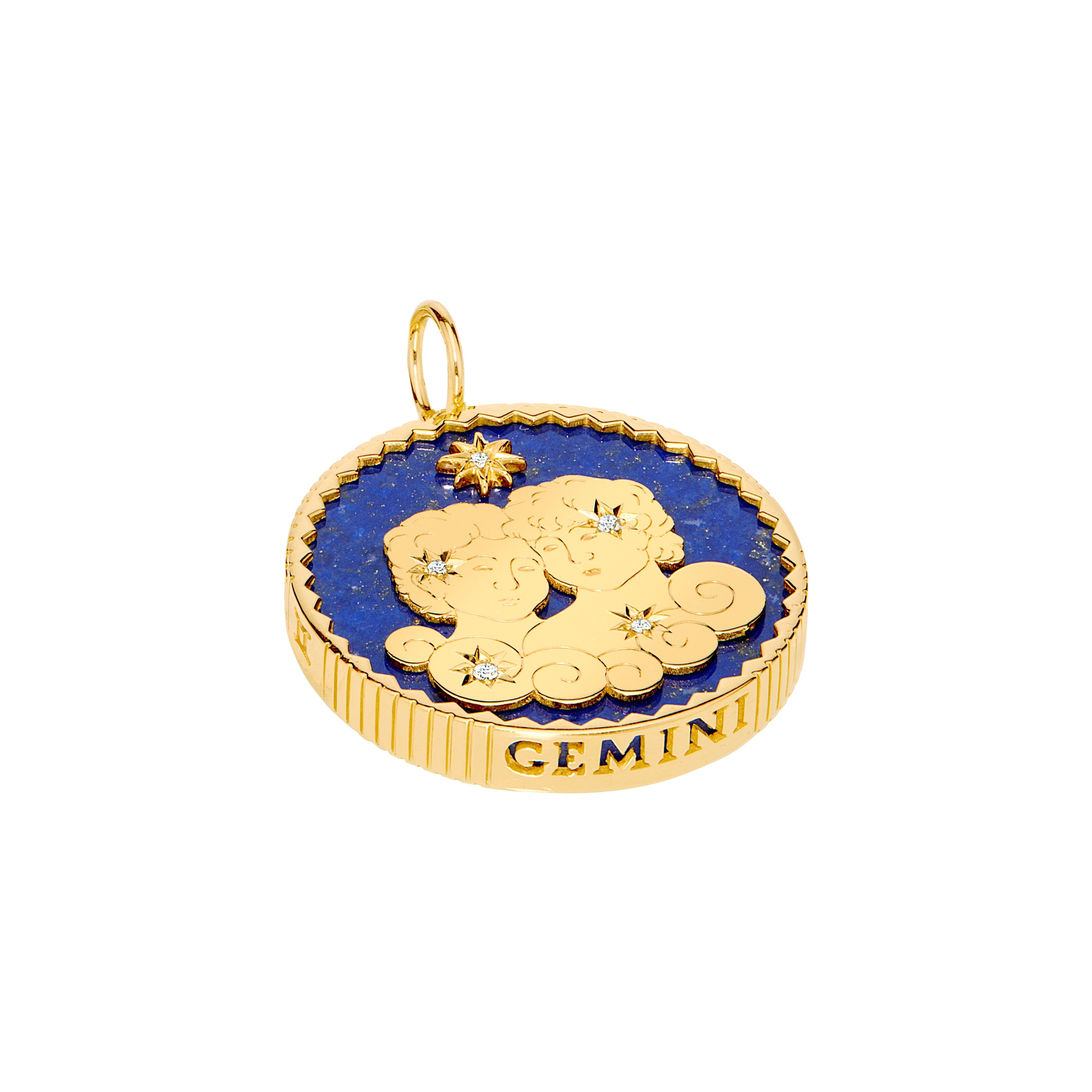 Sauer 18k yellow gold Gemini pendant in lapis lazuli and 5 diamonds.