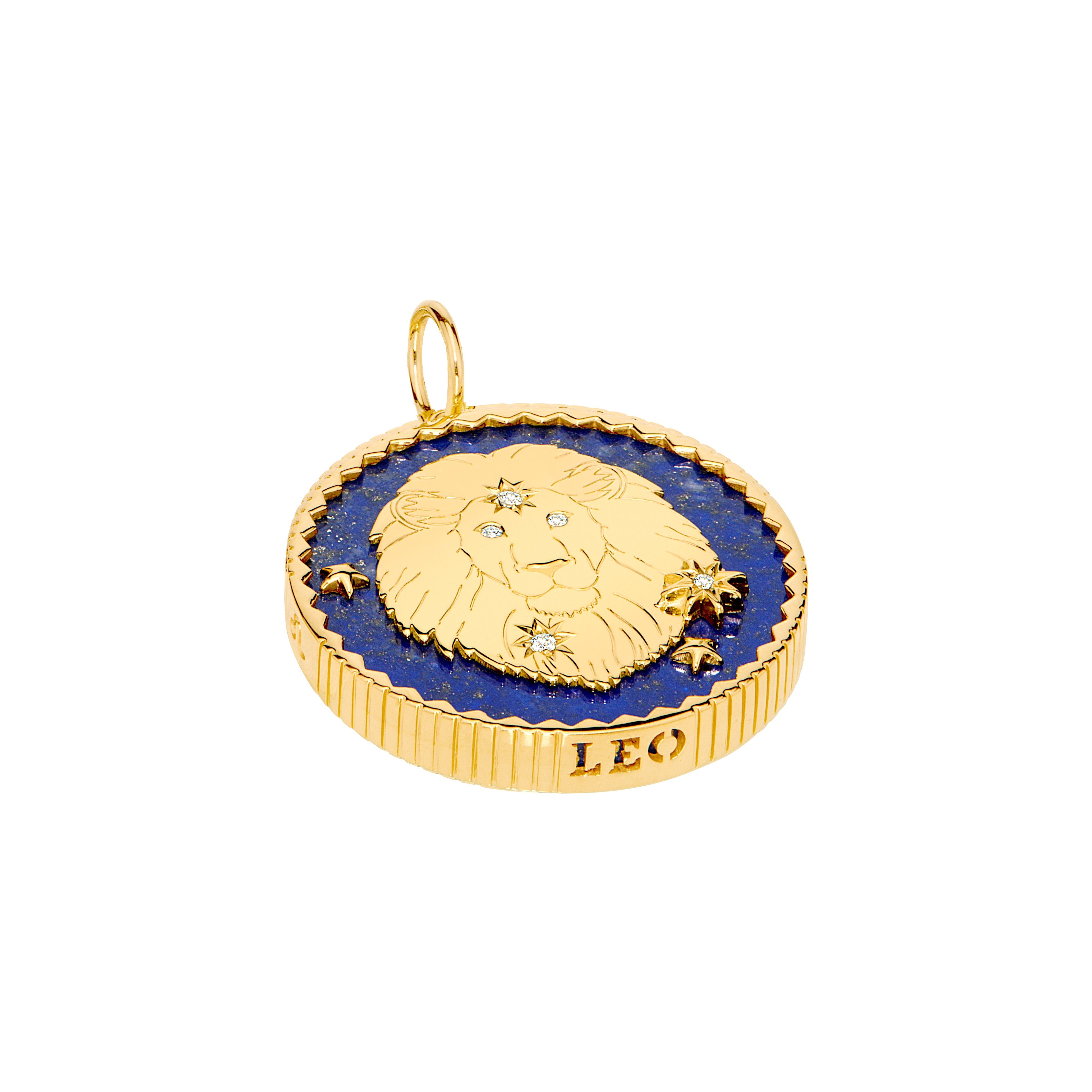 18k yellow gold lapis lazuli pendant with 5 diamonds and Leo engraving by Sauer
