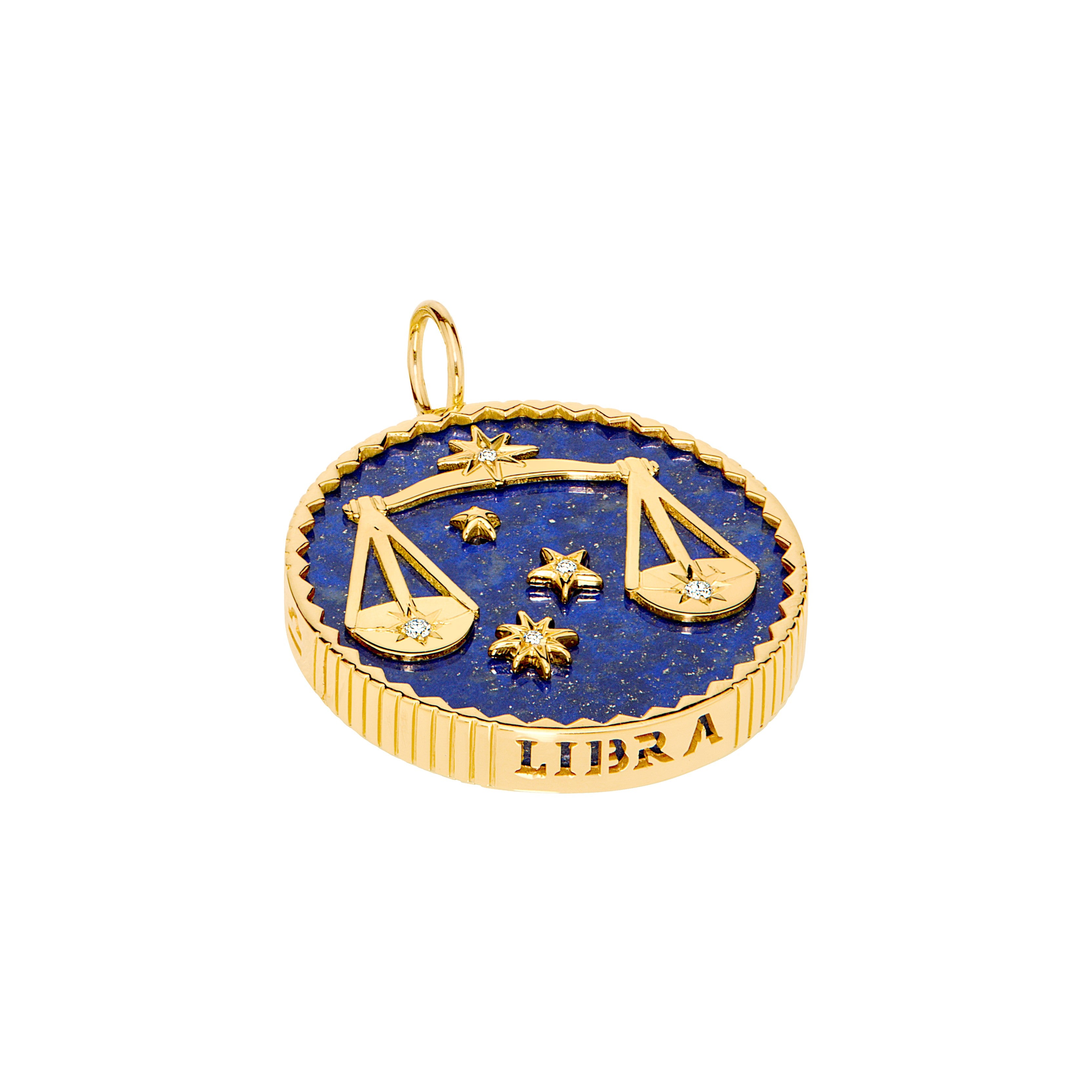 18k yellow gold lapis lazuli pendant with 5 diamonds and Libra engraving by Sauer