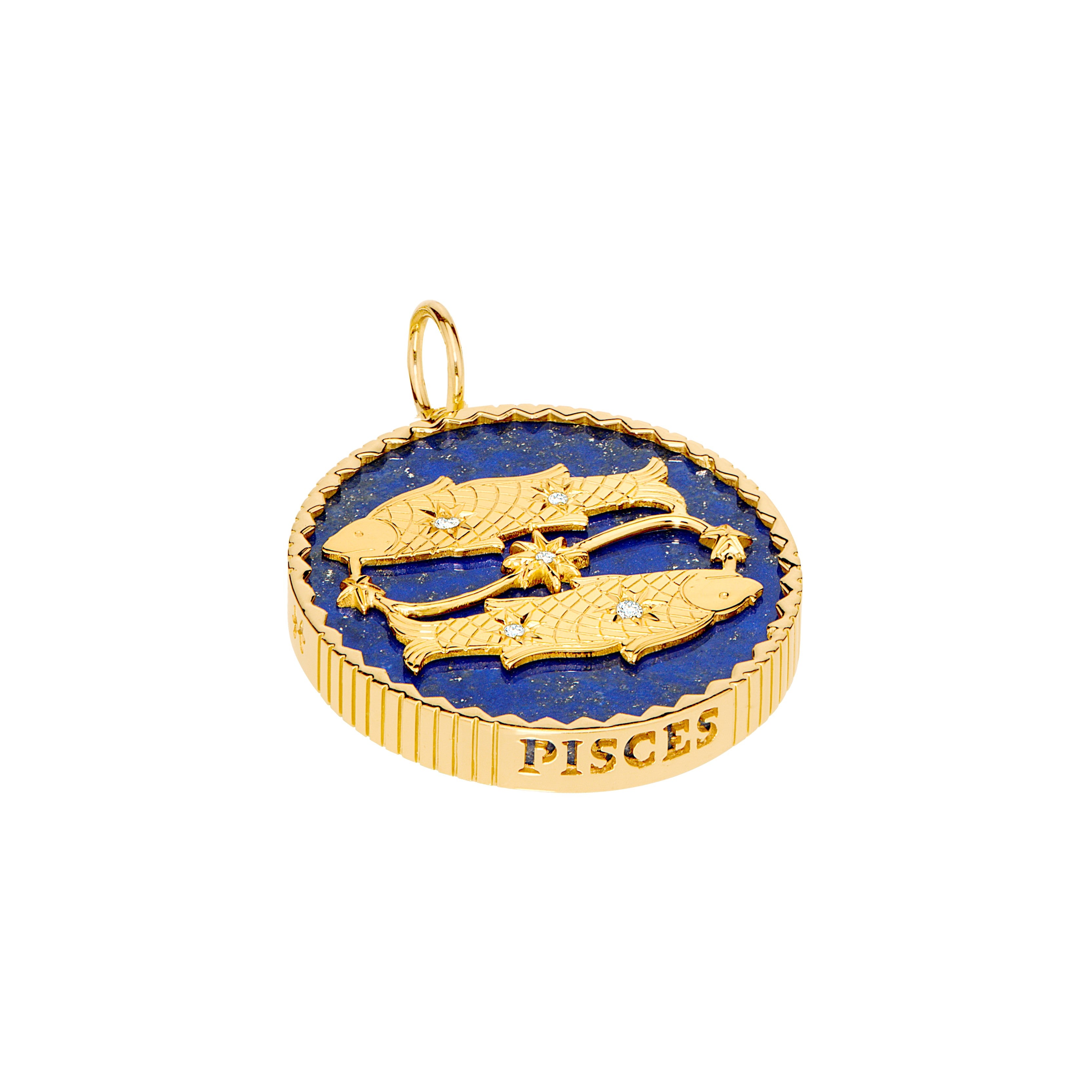 18k yellow gold lapis lazuli pendant with 5 diamonds and Pisces engraving by Sauer