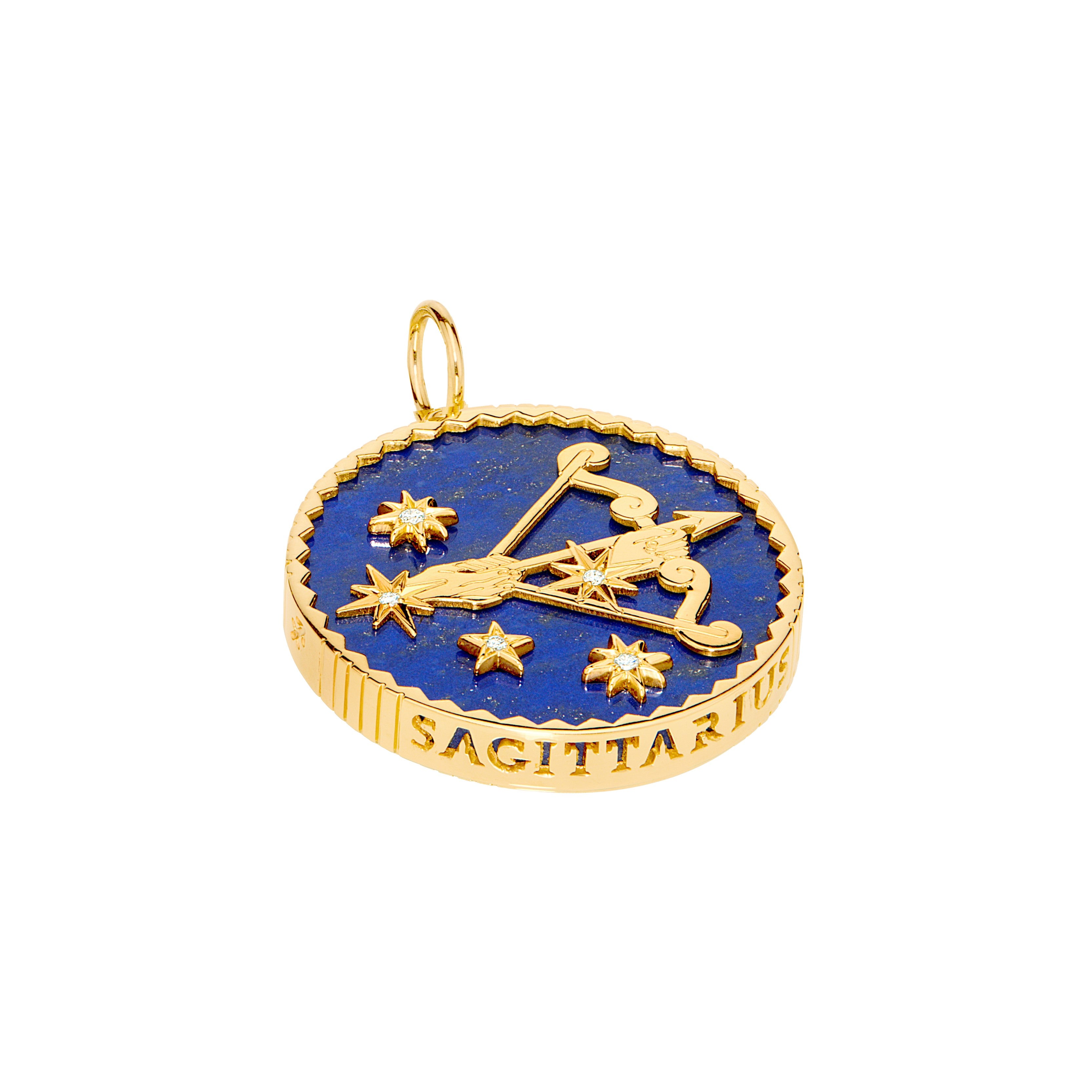 18k yellow gold lapis lazuli pendant with 5 diamonds and Sagittarius engraving by Sauer