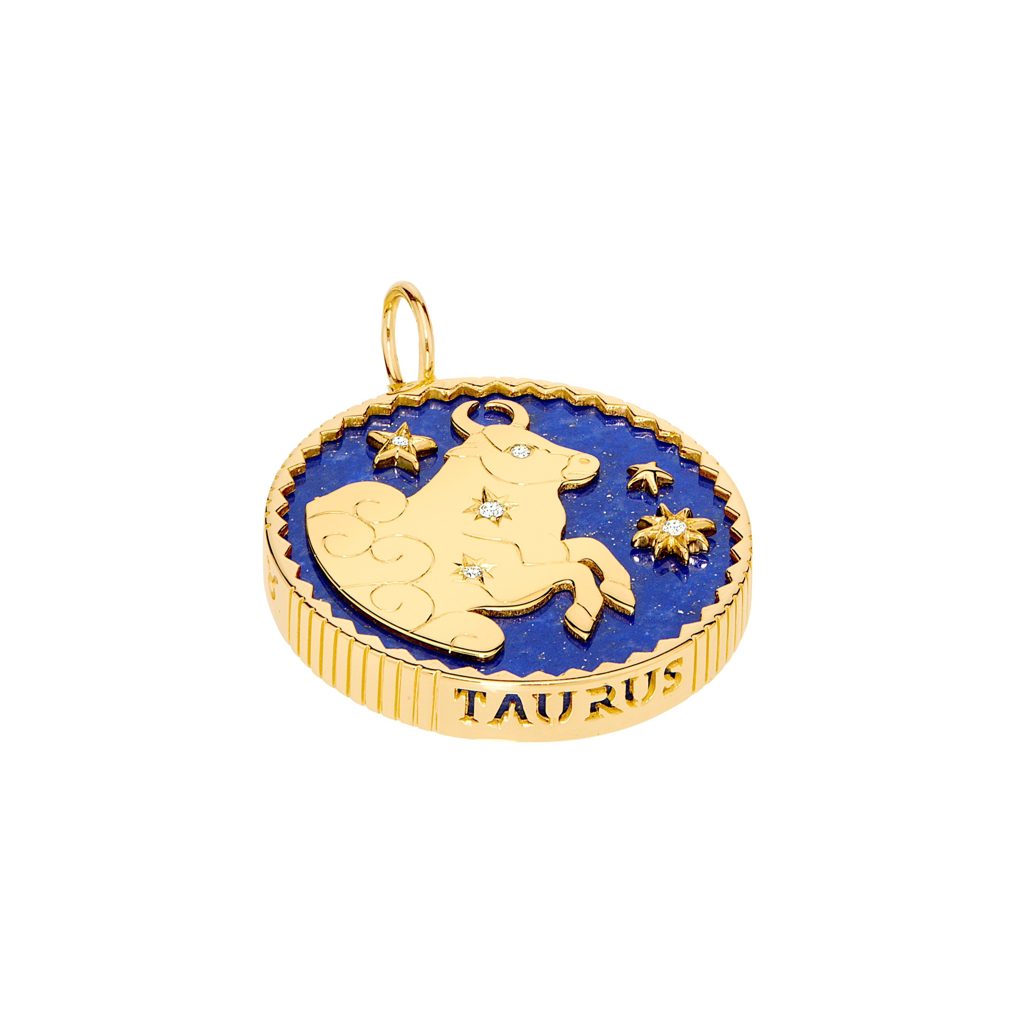 18k yellow gold lapis lazuli pendant with 5 diamonds and Taurus engraving by Sauer