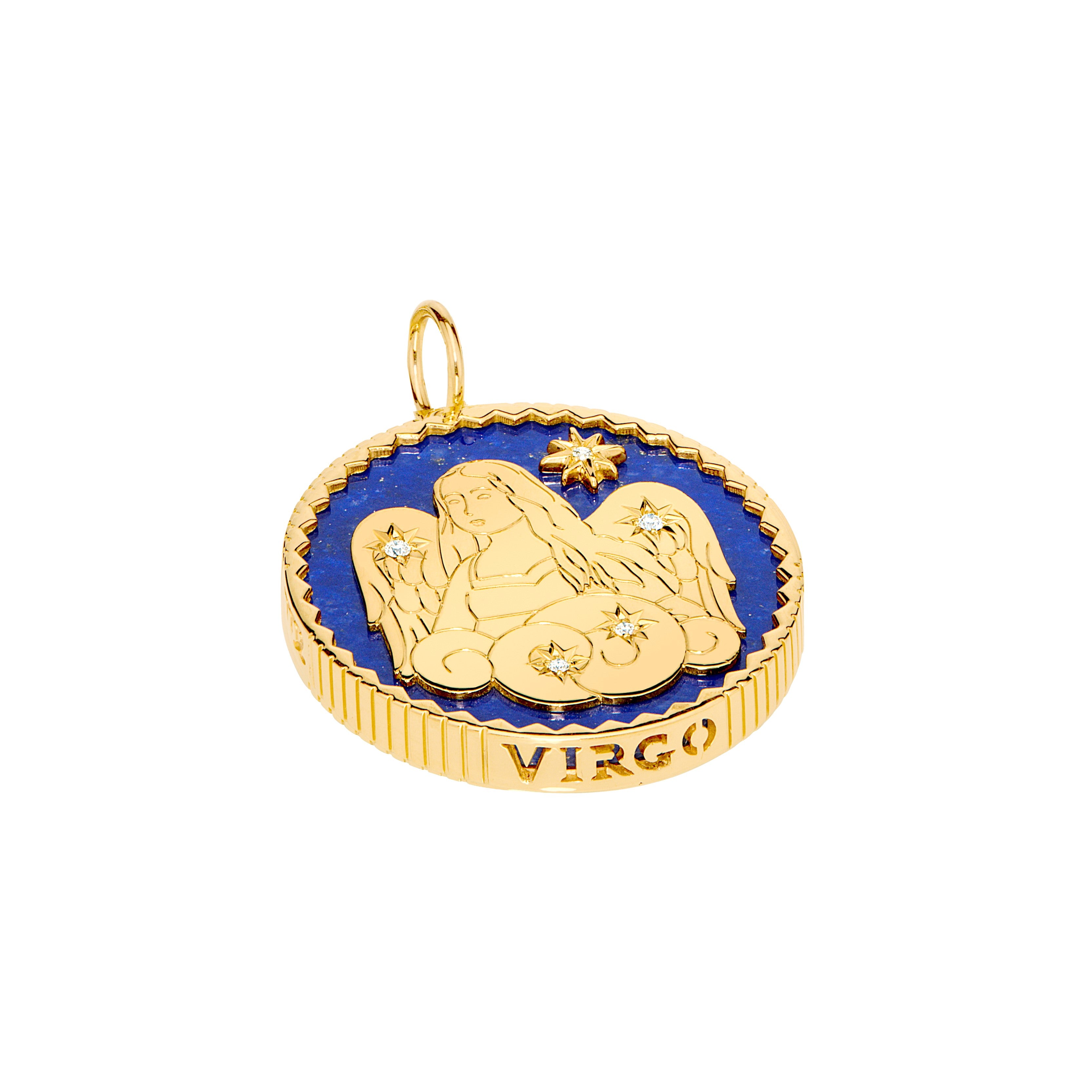 18k yellow gold lapis lazuli pendant with 5 diamonds and Virgo engraving by Sauer
