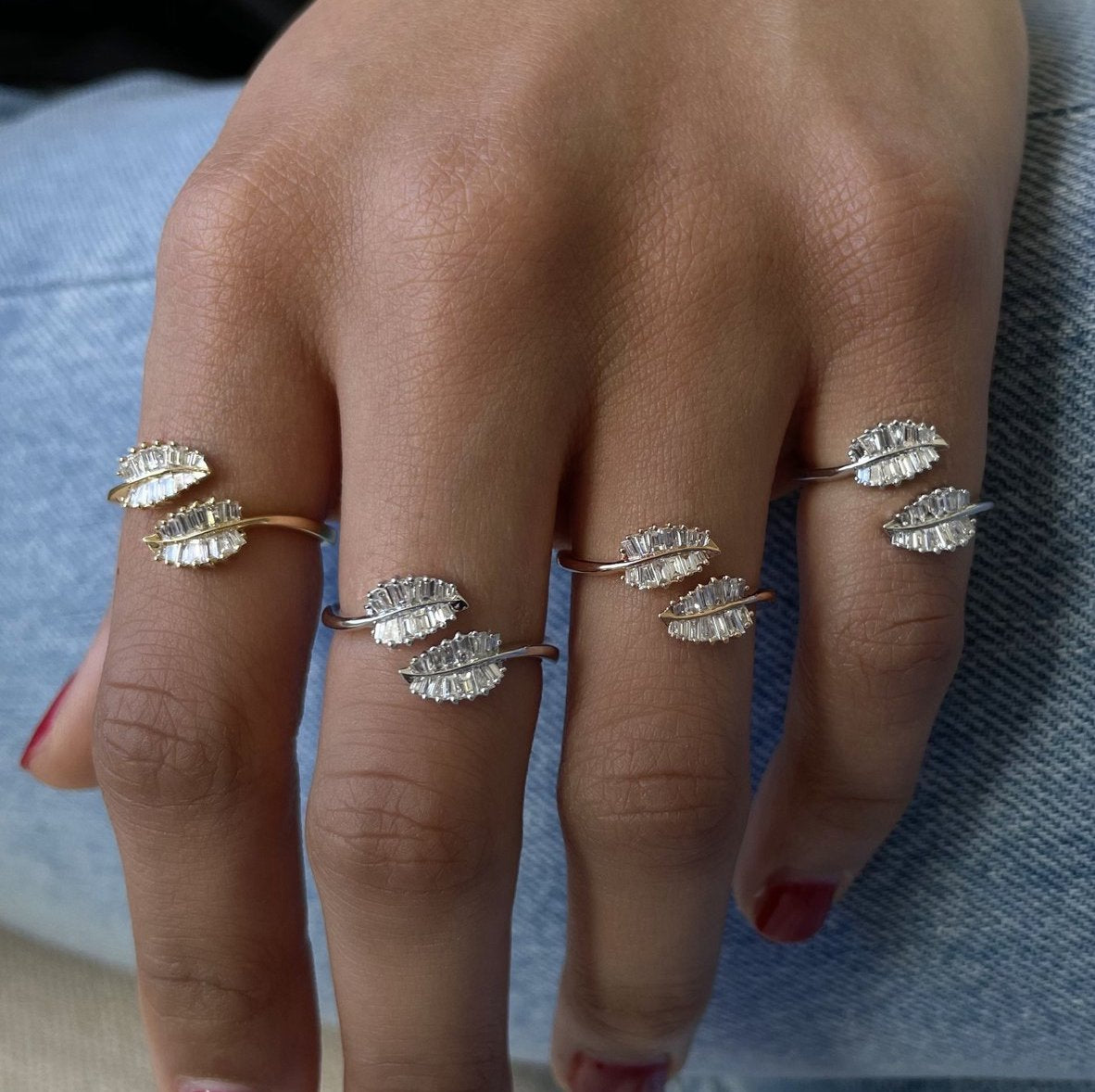 18K yellow gold Diamond Baguette Small Palm Leaf Ring by Anita Ko on model