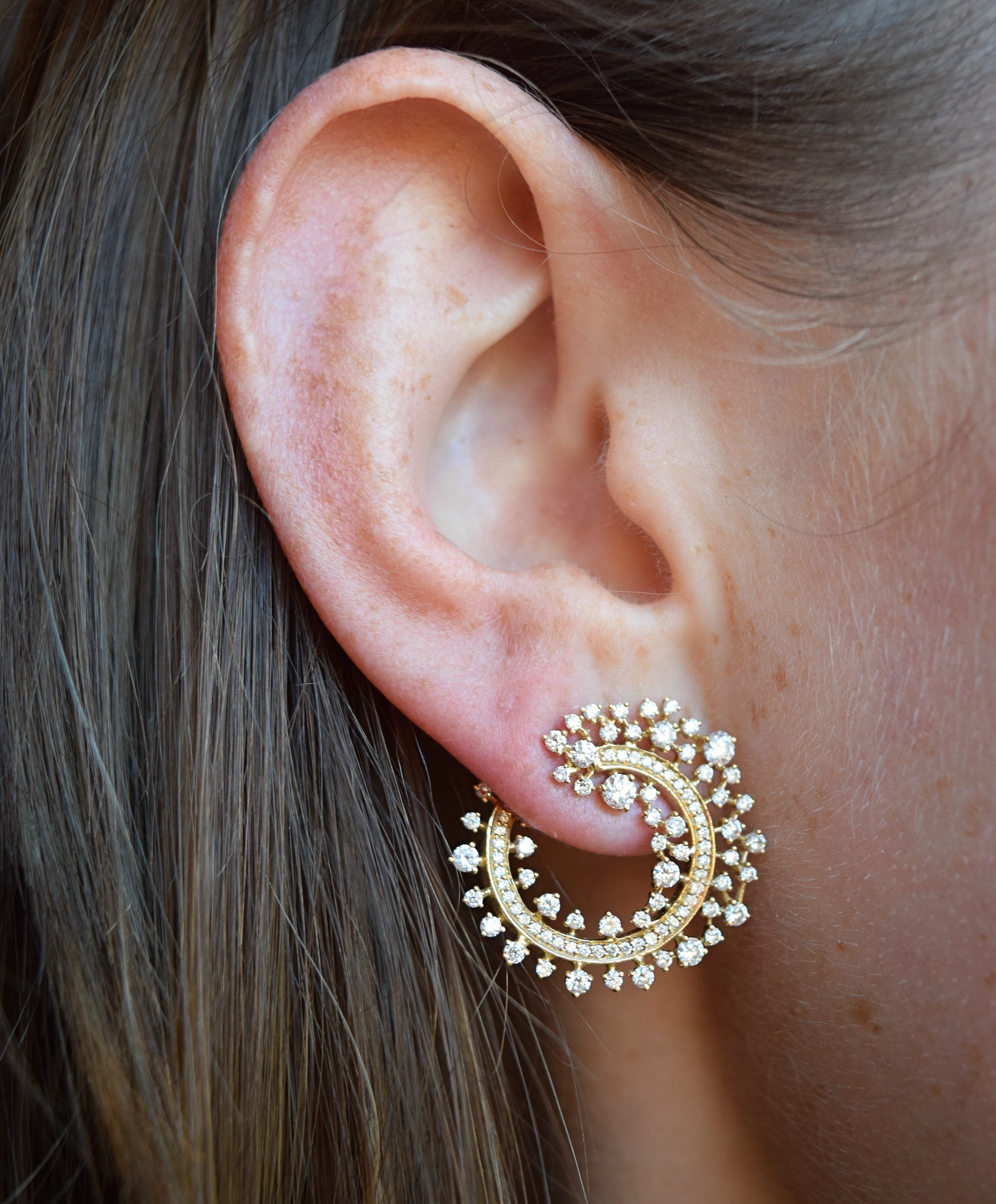 Scatter Edge Hoops by Ananya 18k yellow gold diamonds Tiny Gods on Model forward facing diamond hoop earrings