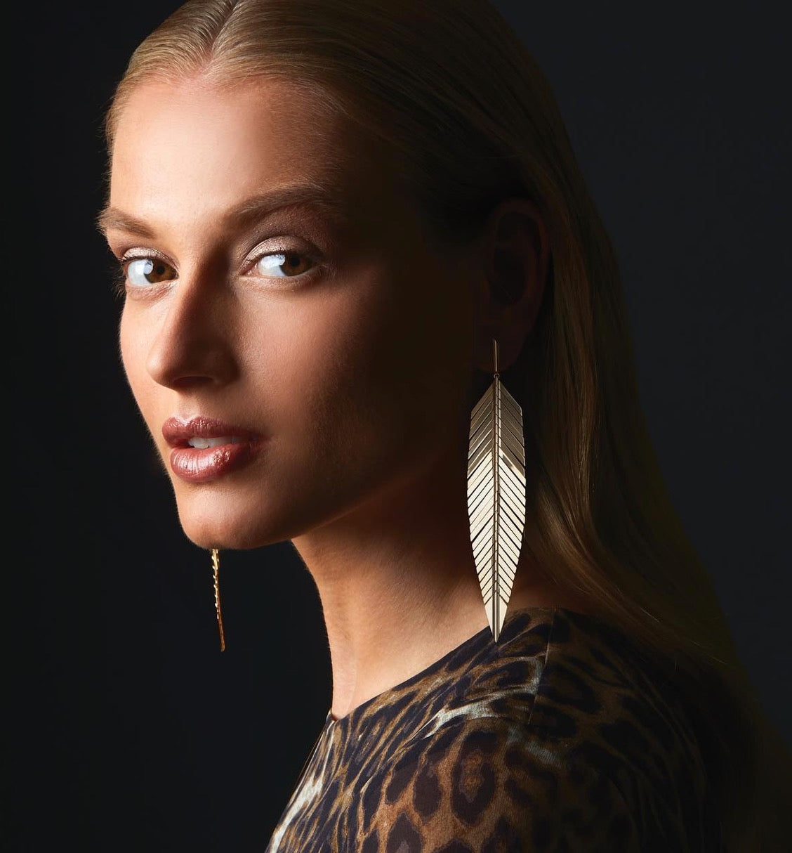 Large Feather Drop Earrings by Cadar 18K yellow gold dangle